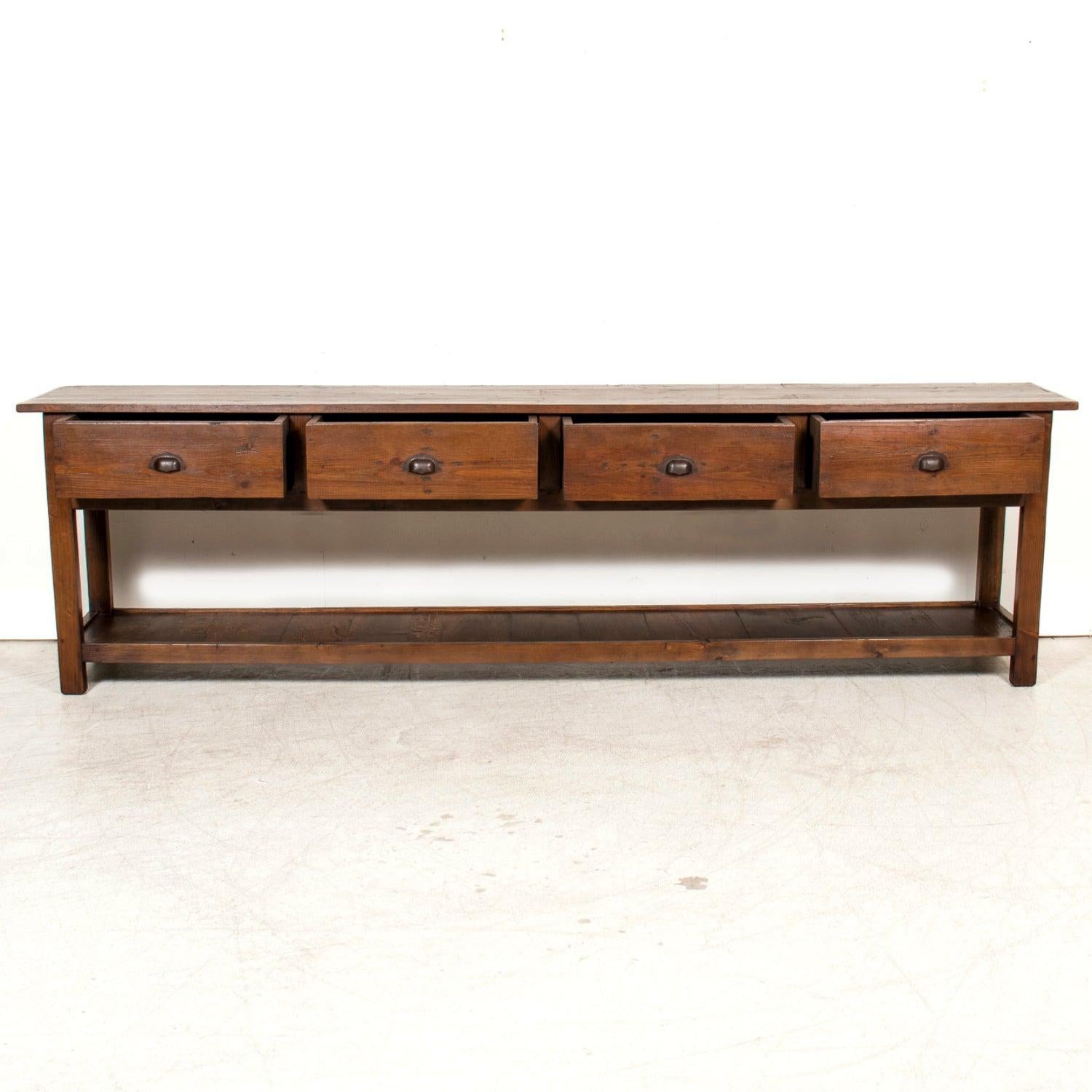 19th Century French Farm House Console Table with Four Drawers and Shelf For Sale 4