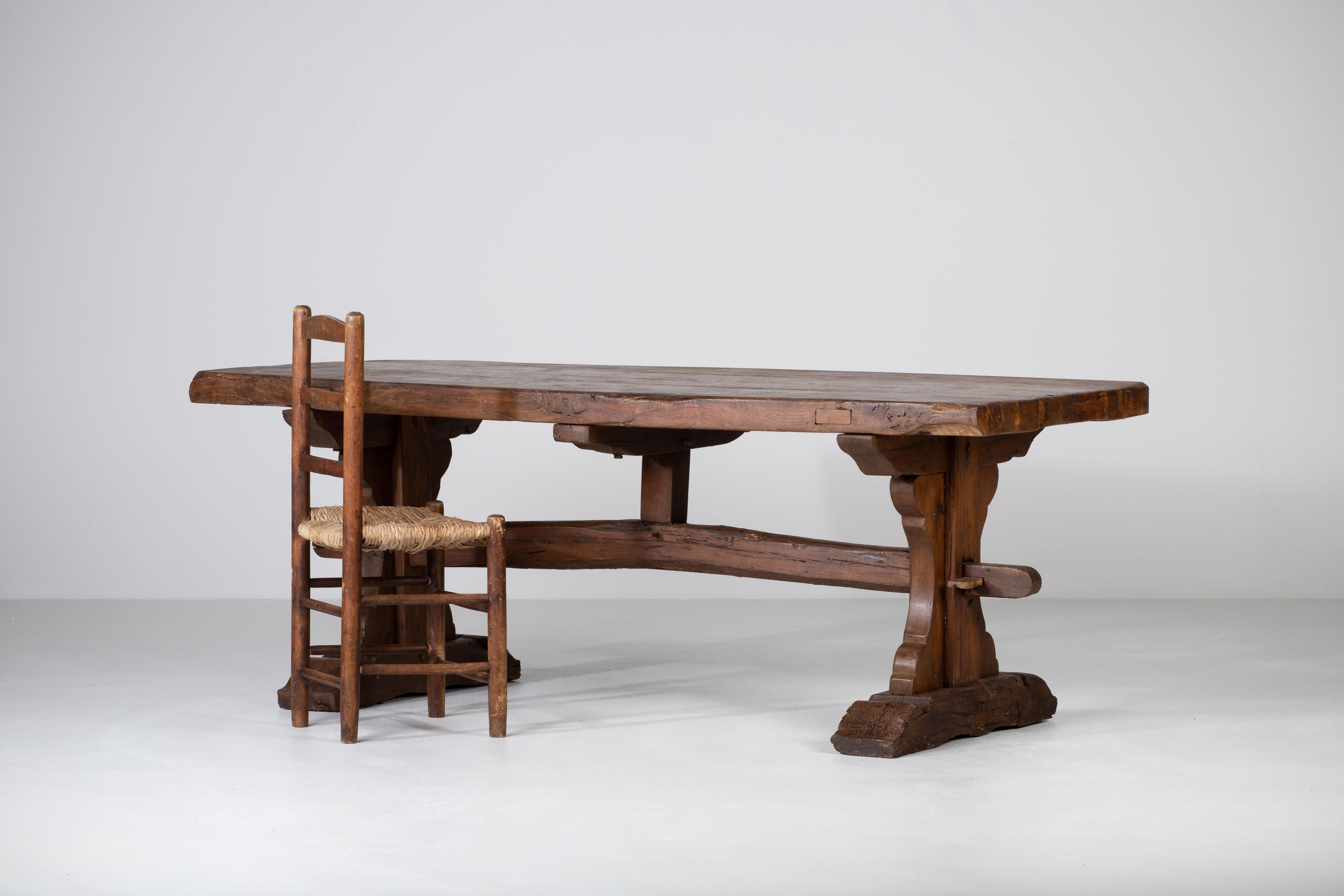 19th-Century French Farmhouse Trestle Table in Solid Oak For Sale 9