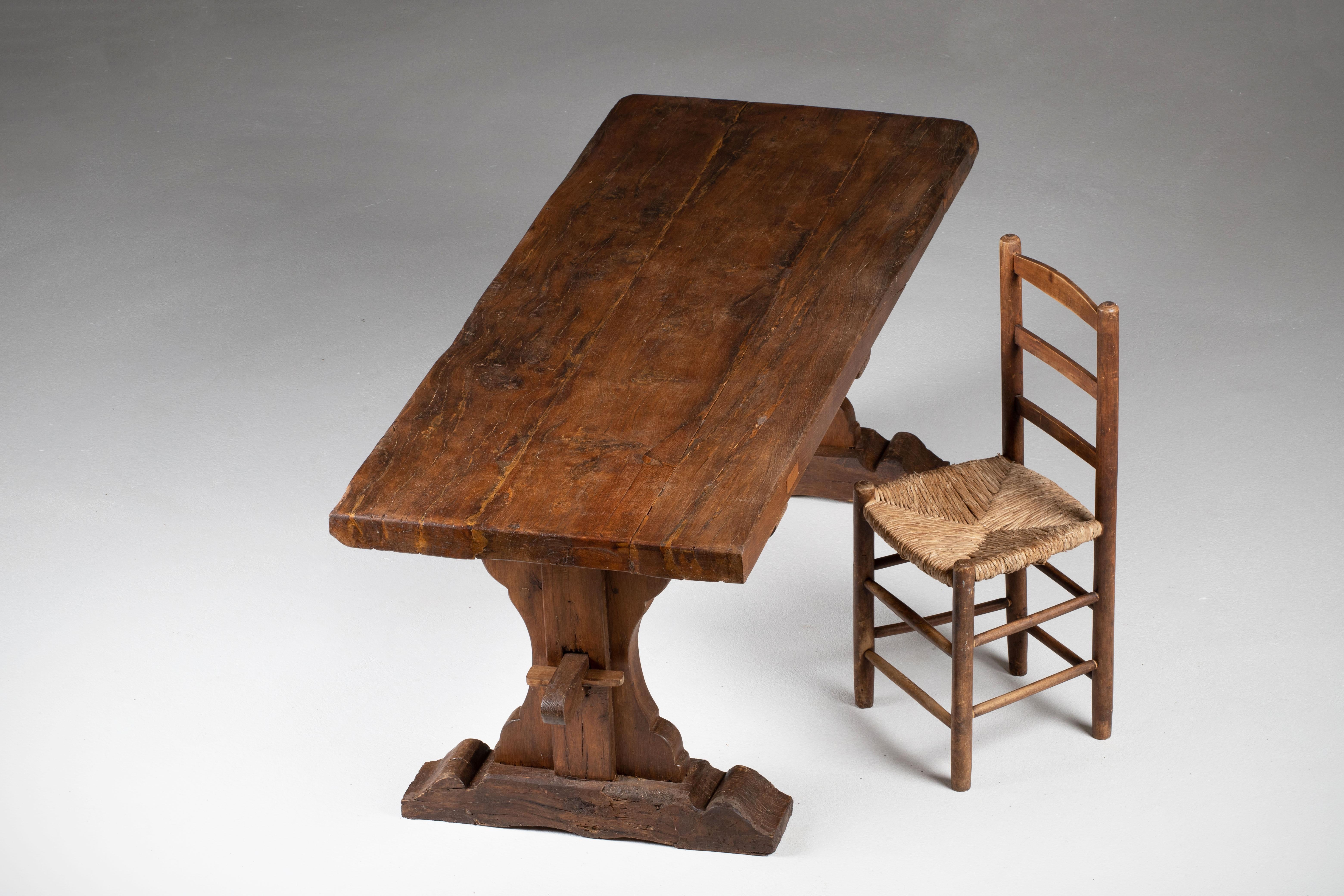 French Provincial 19th-Century French Farmhouse Trestle Table in Solid Oak For Sale