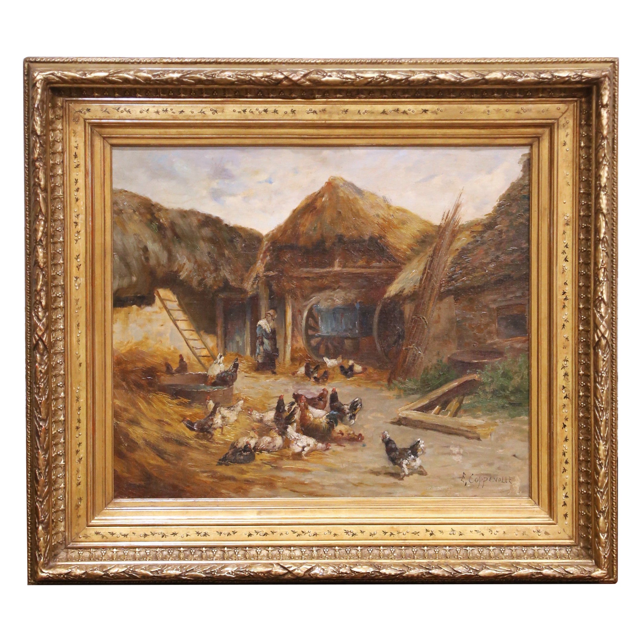 19th Century French Farmyard Oil Painting with Chickens Signed E. Coppenolle For Sale