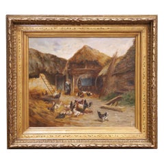 19. Jahrhundert Französisch Bauernhof Ölgemälde mit Hühnern signiert E. Coppenolle