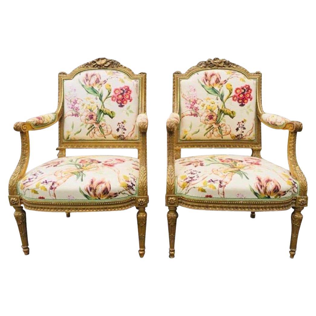 19th Century French Fauteuil Armchairs in Giltwood