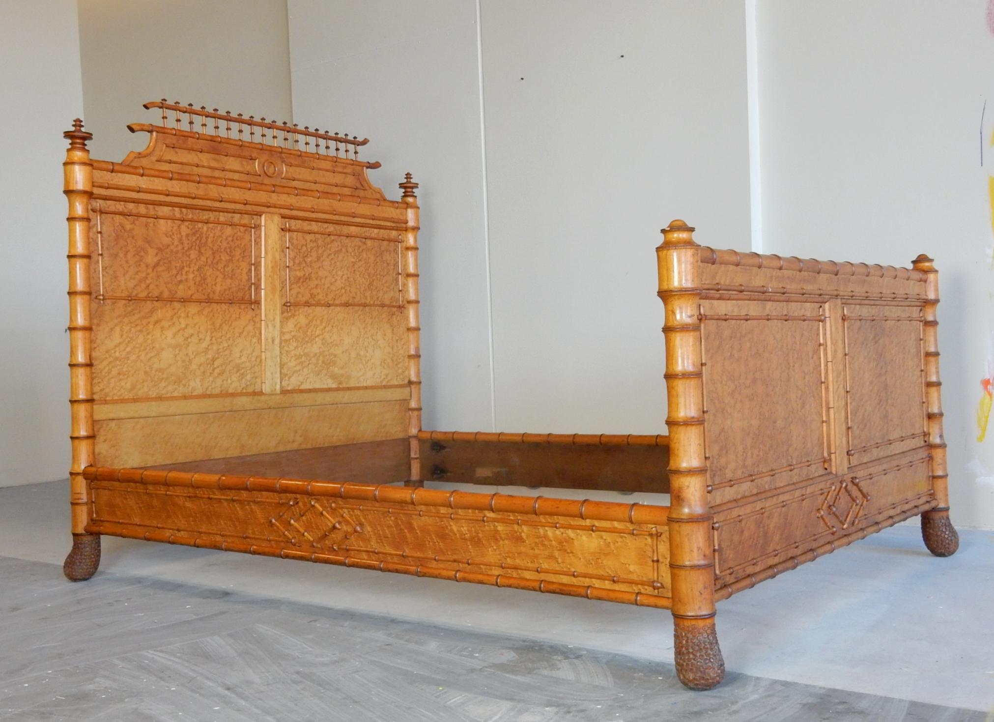 19th Century French Faux Bamboo and Maple Burl Queen Bed 5
