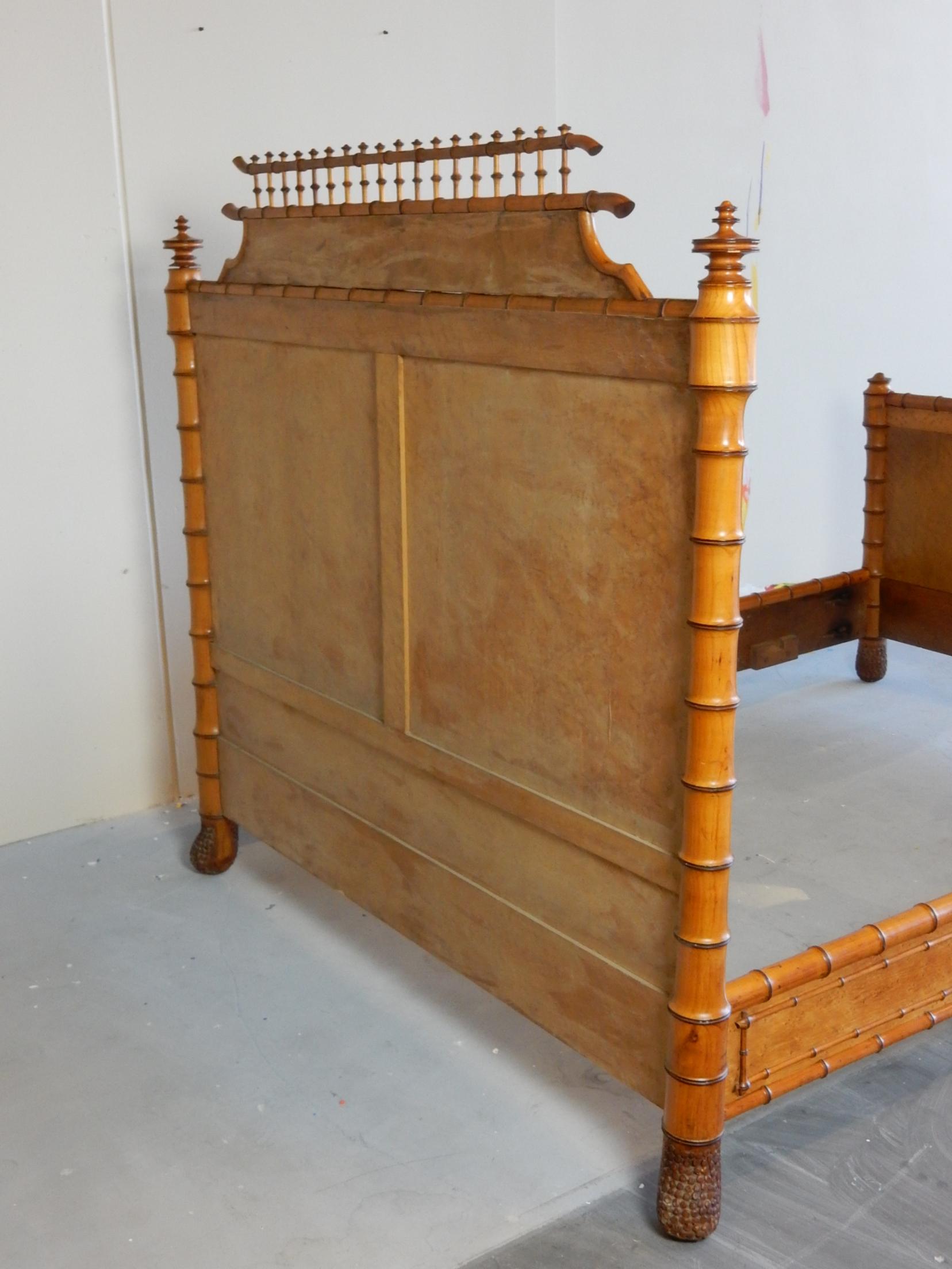 19th Century French Faux Bamboo and Maple Burl Queen Bed 6