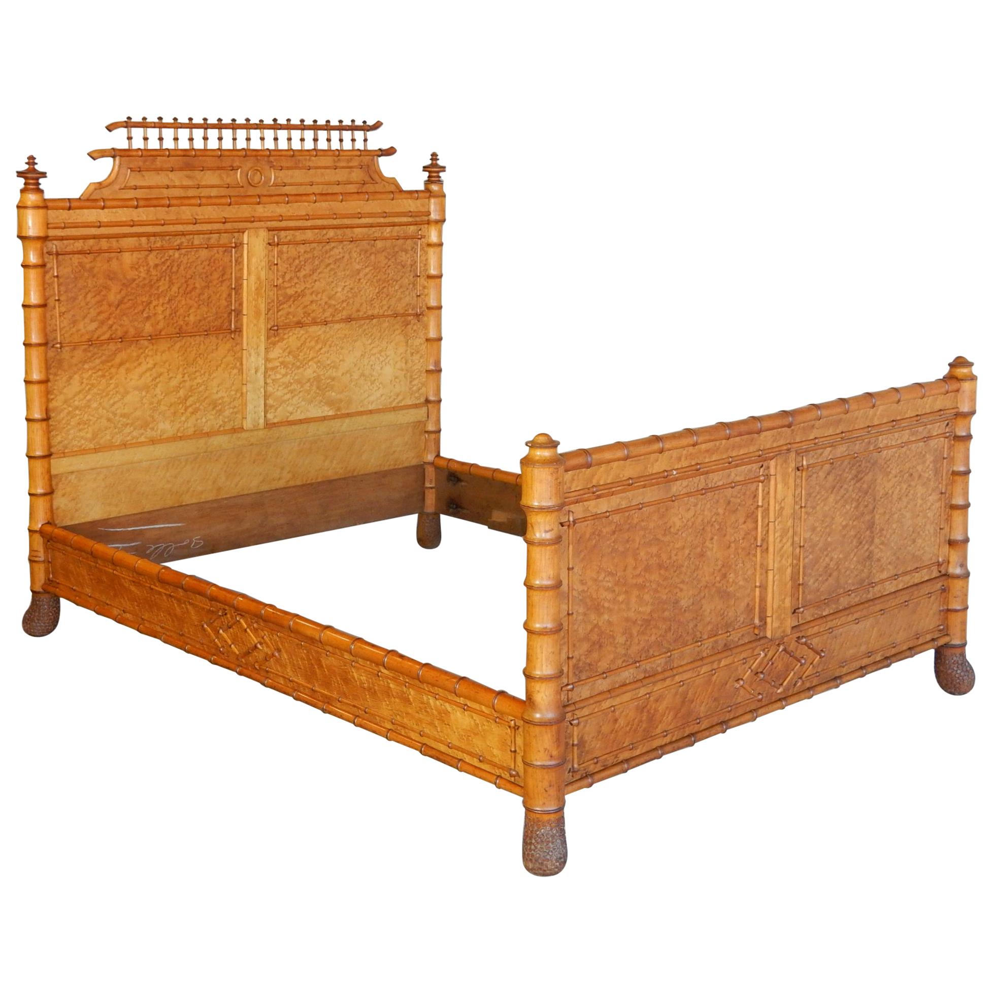 19th Century French Faux Bamboo and Maple Burl Queen Bed