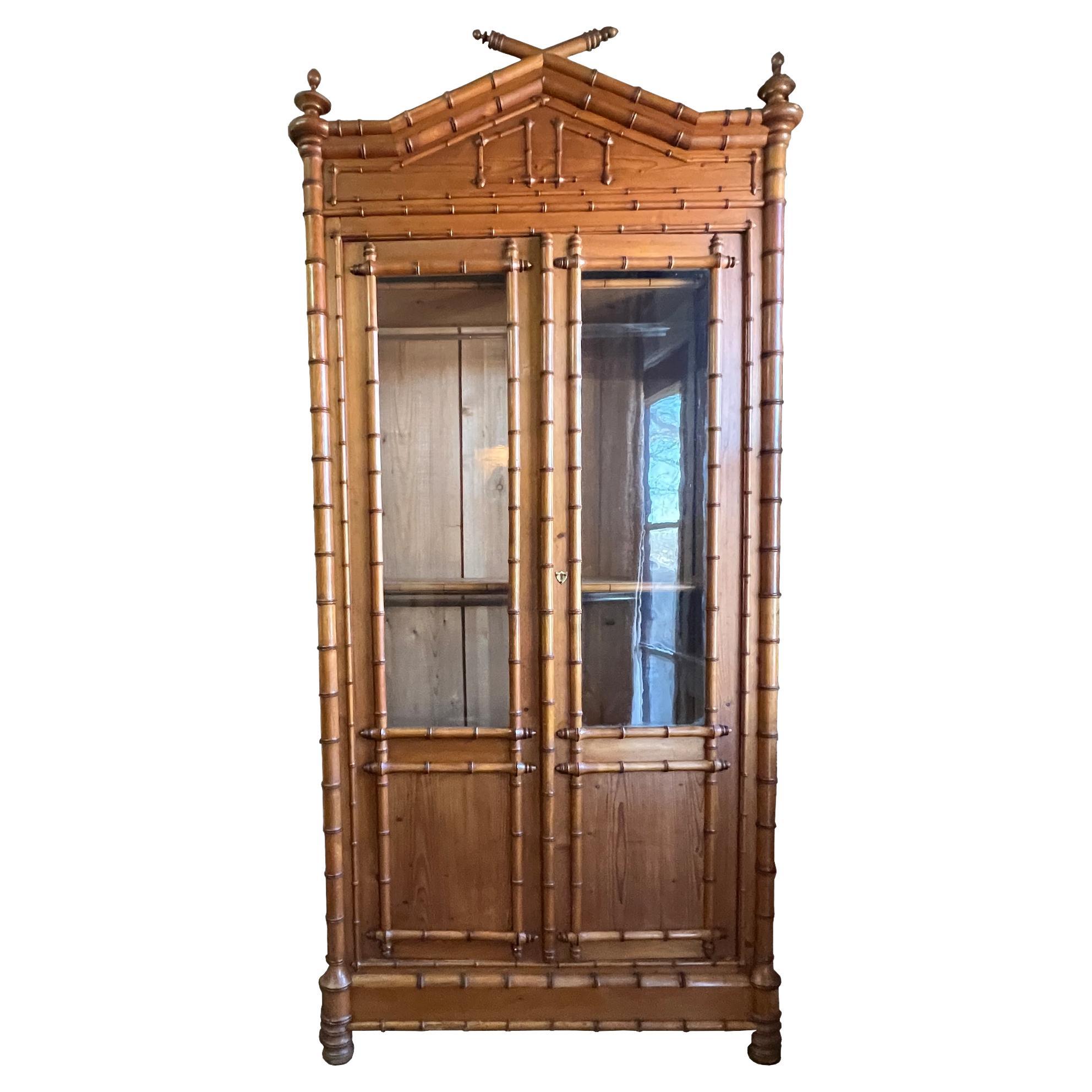 19th Century French Faux Bamboo Armoire with Double Glass Doors and Pagoda Top For Sale