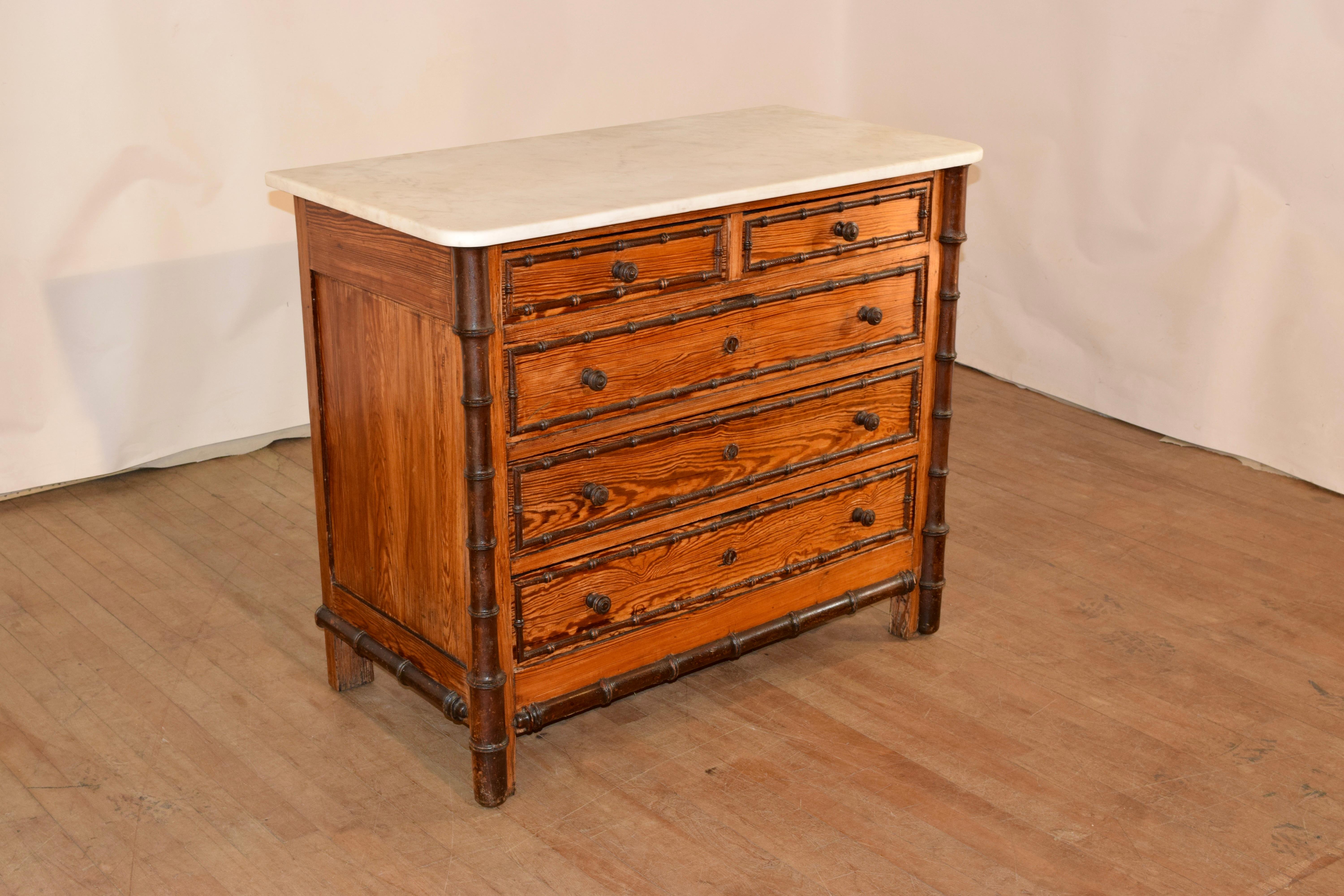 Carrara Marble 19th Century French Faux Bamboo Chest of Drawers