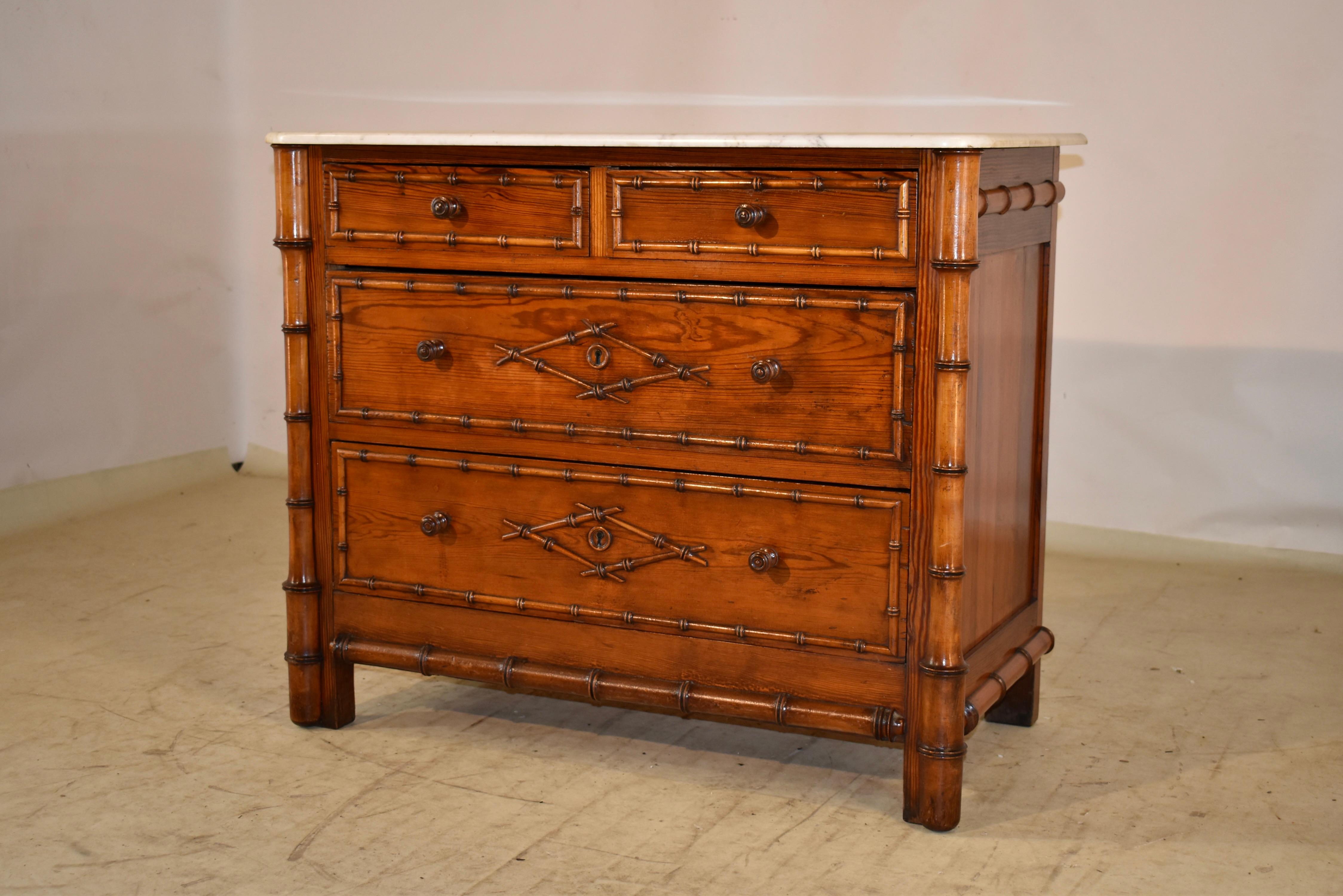 Carrara Marble 19th Century French Faux Bamboo Chest of Drawers For Sale
