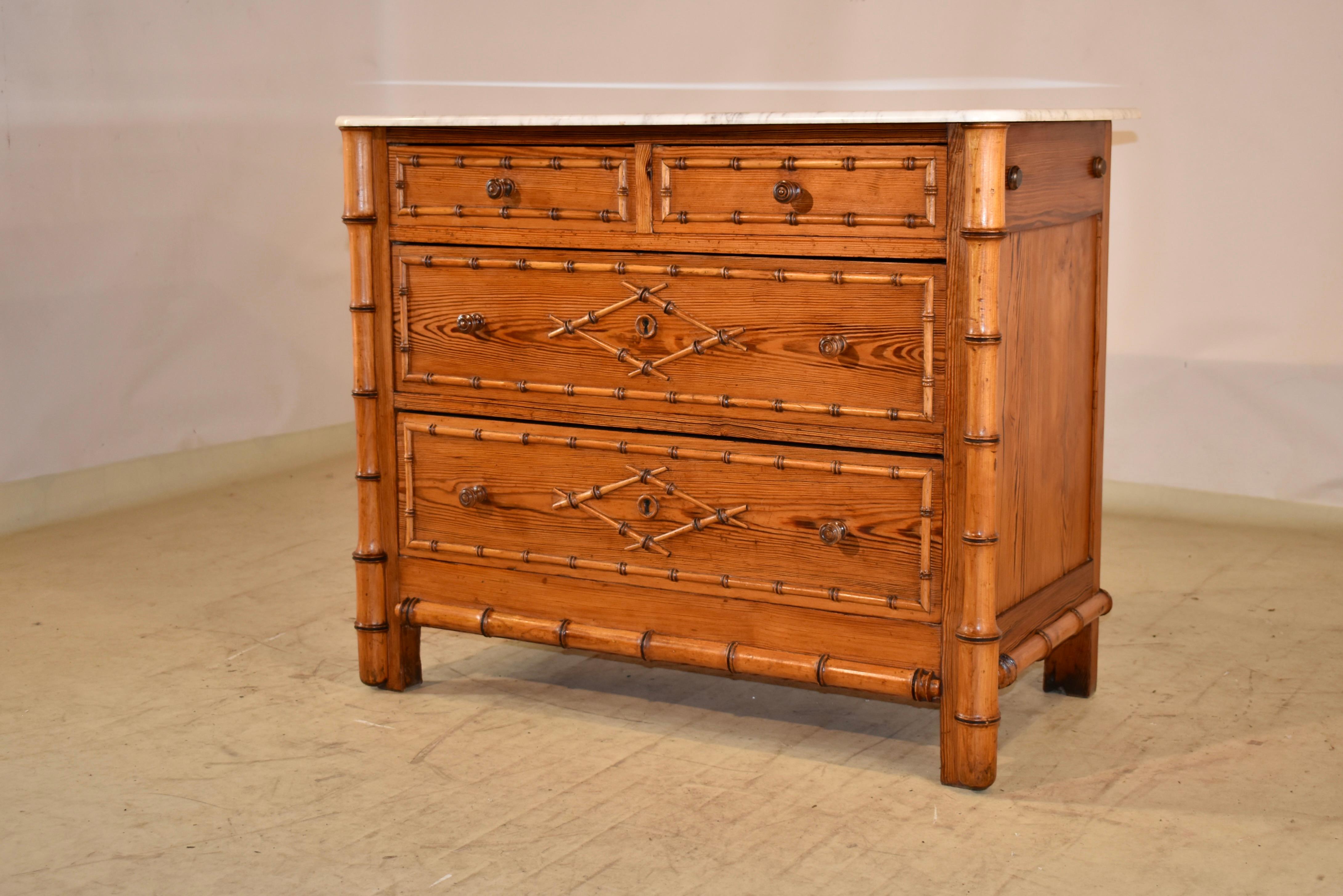 Carrara Marble 19th Century French Faux Bamboo Chest of Drawers  For Sale