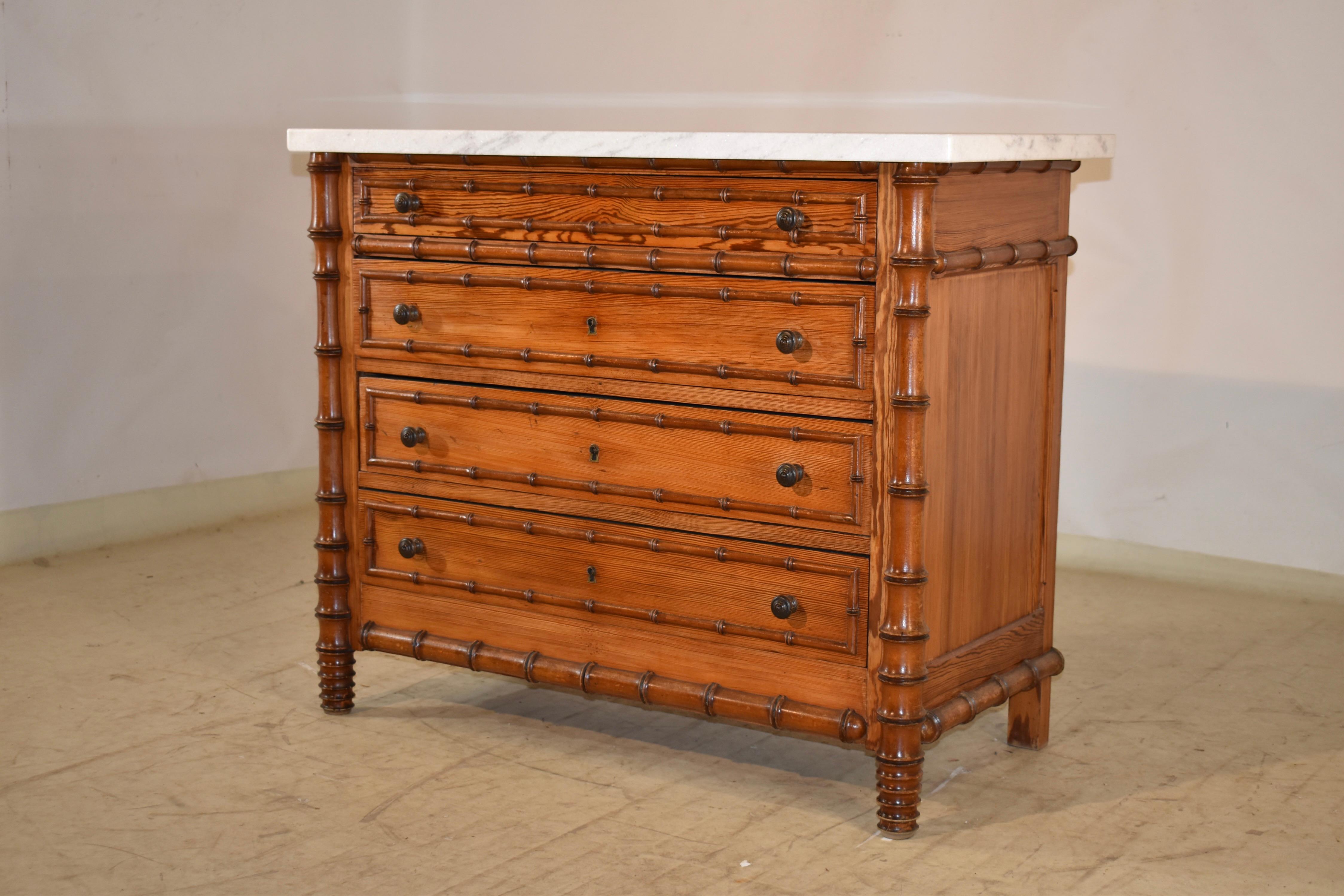 Carrara Marble 19th Century French Faux Bamboo Chest of Drawers For Sale