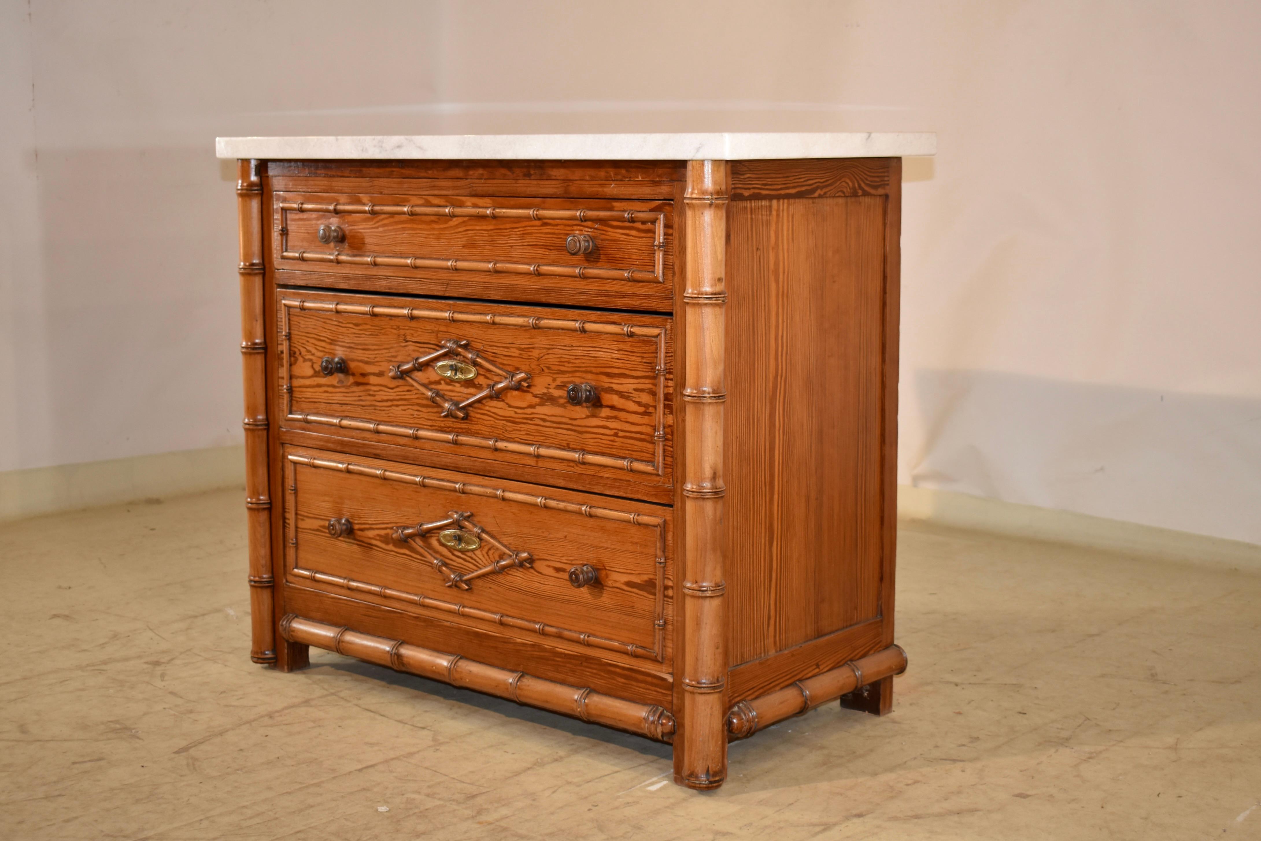 Carrara Marble 19th Century French Faux Bamboo Chest of Drawers For Sale