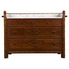 19th Century French Faux Bamboo Chest of Drawers W/ White Marble Top