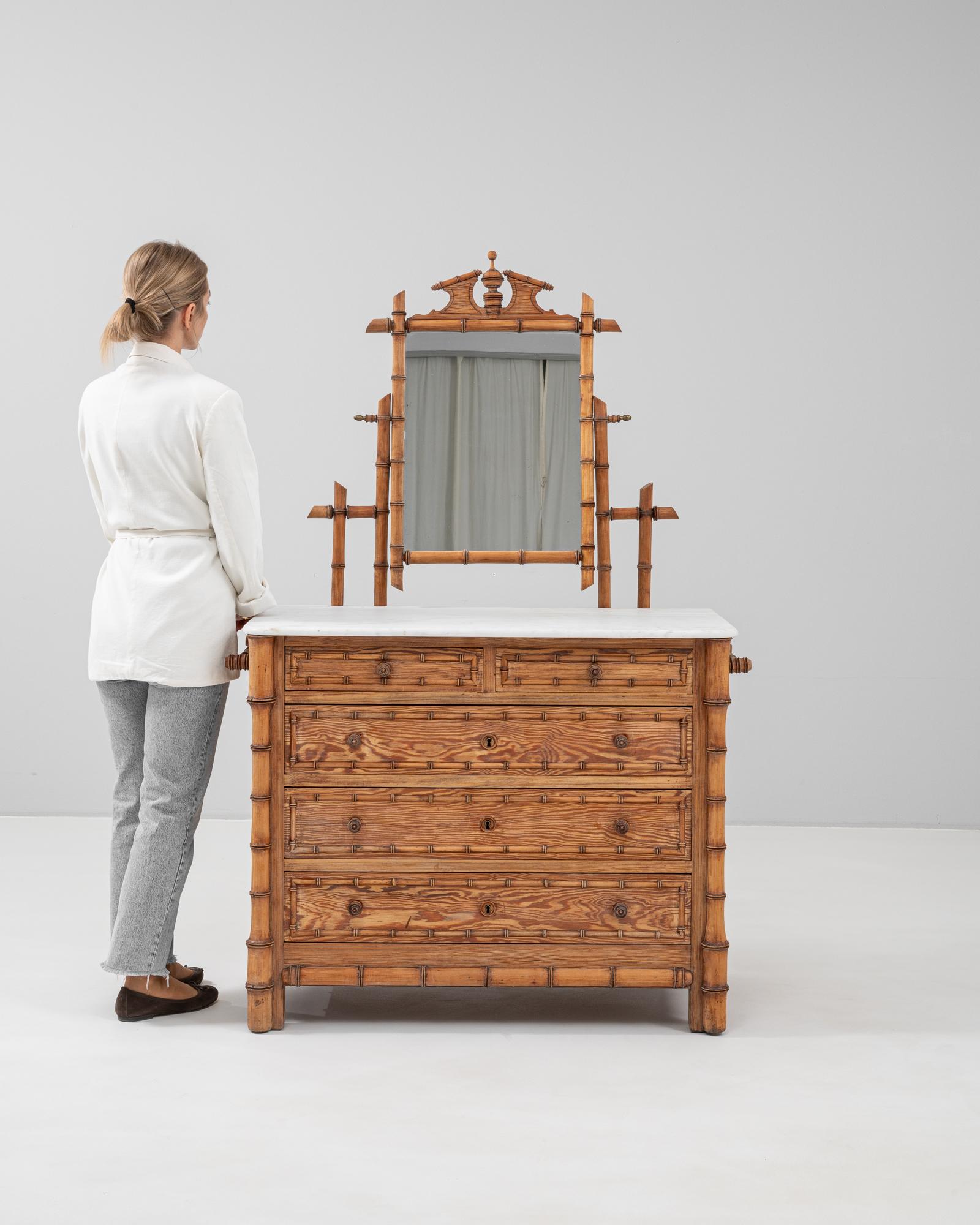 19th Century French Faux Bamboo Chest Of Drawers With Marble Top & Mirror In Good Condition In High Point, NC