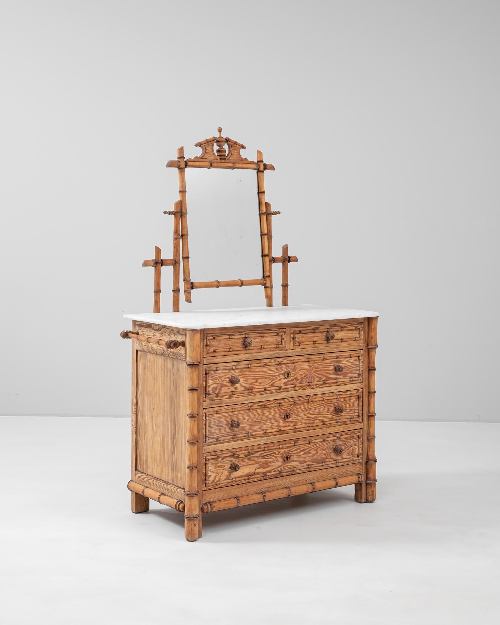 19th Century French Faux Bamboo Chest Of Drawers With Marble Top & Mirror 1