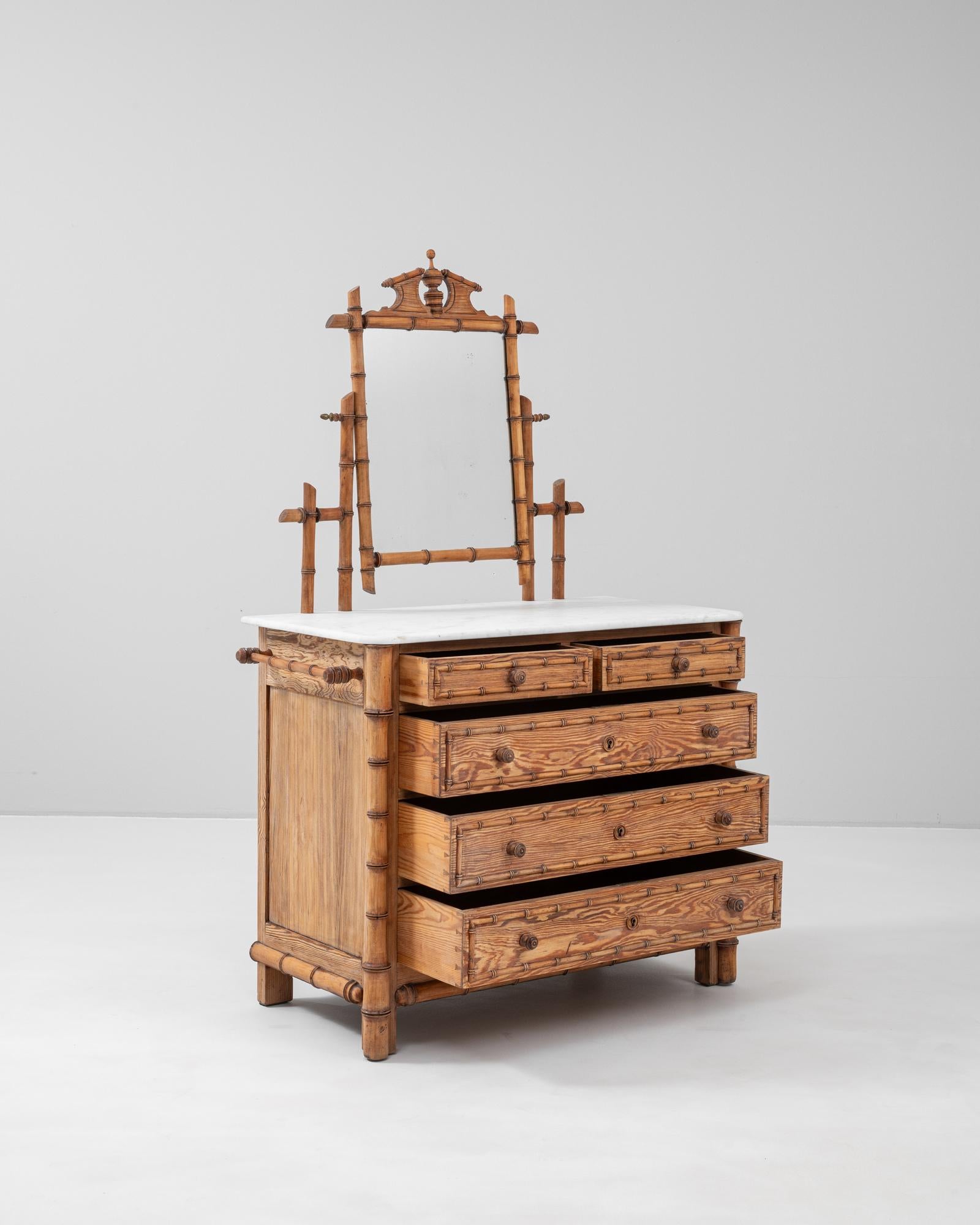 19th Century French Faux Bamboo Chest Of Drawers With Marble Top & Mirror 2