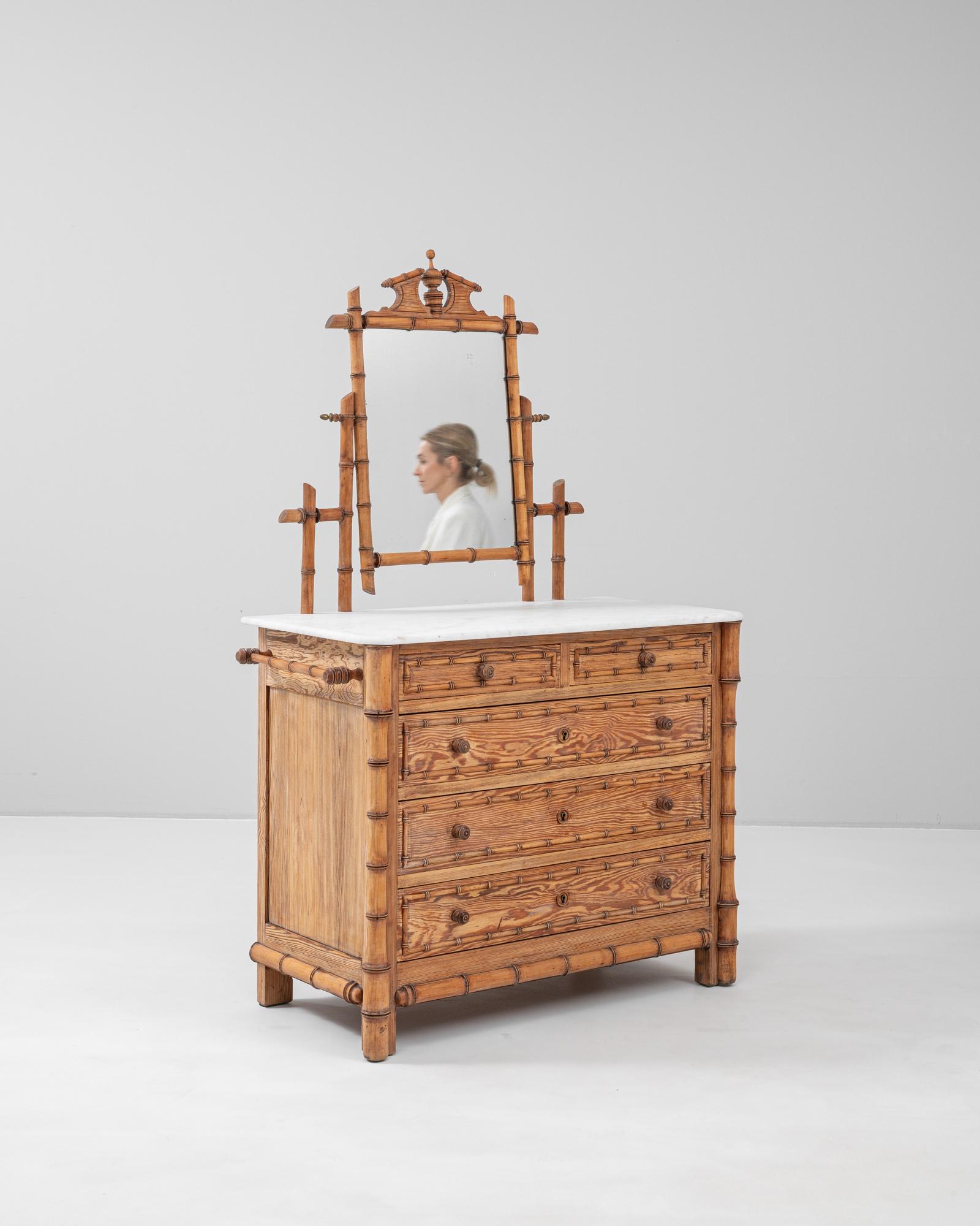 19th Century French Faux Bamboo Chest Of Drawers With Marble Top & Mirror 4