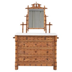 Antique 19th Century French Faux Bamboo Chest Of Drawers With Marble Top & Mirror