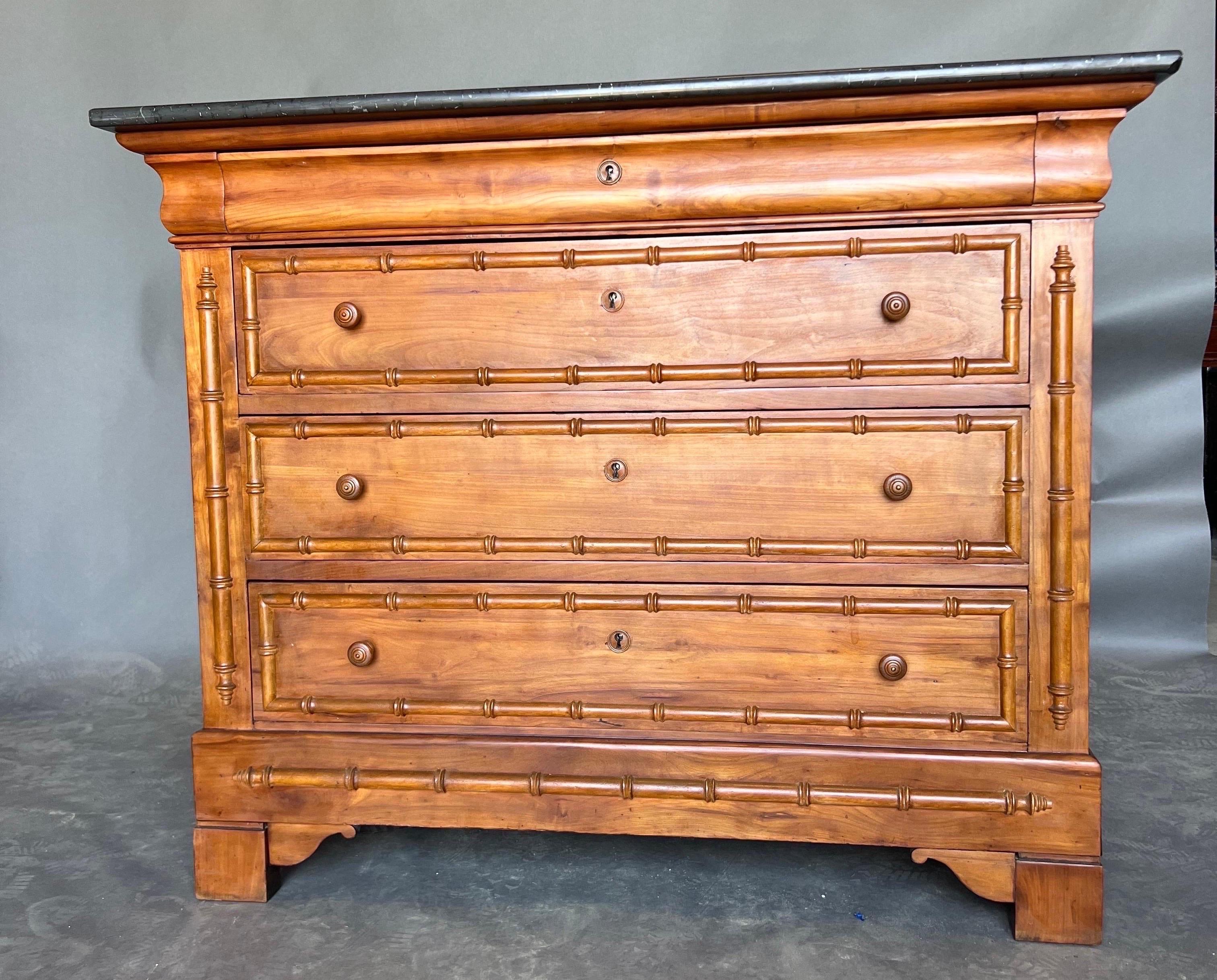 Gorgeous full sized 19th century French faux bamboo 4 drawer chest with original black marble top. 

Complimentary shipping to-
Richmond, Va
Charleston, Sc
Atlanta, Ga
Washington, D.C. 
Nyc, Ny (receiver or curbside)