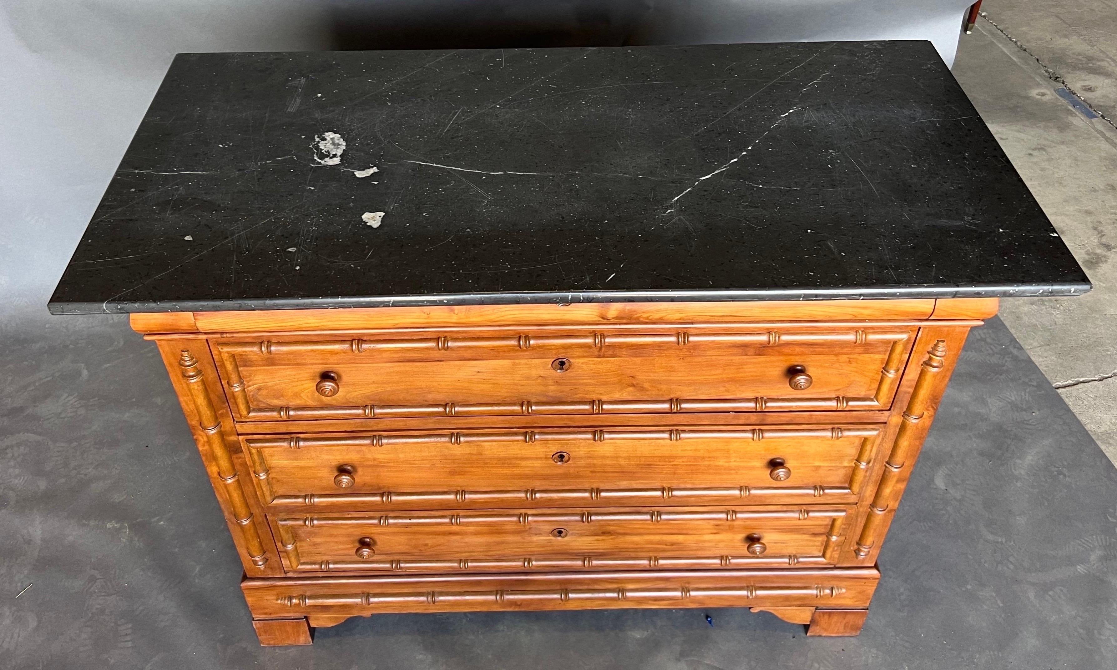 19th Century French Faux Bamboo Chest with Black Marble Top For Sale 2