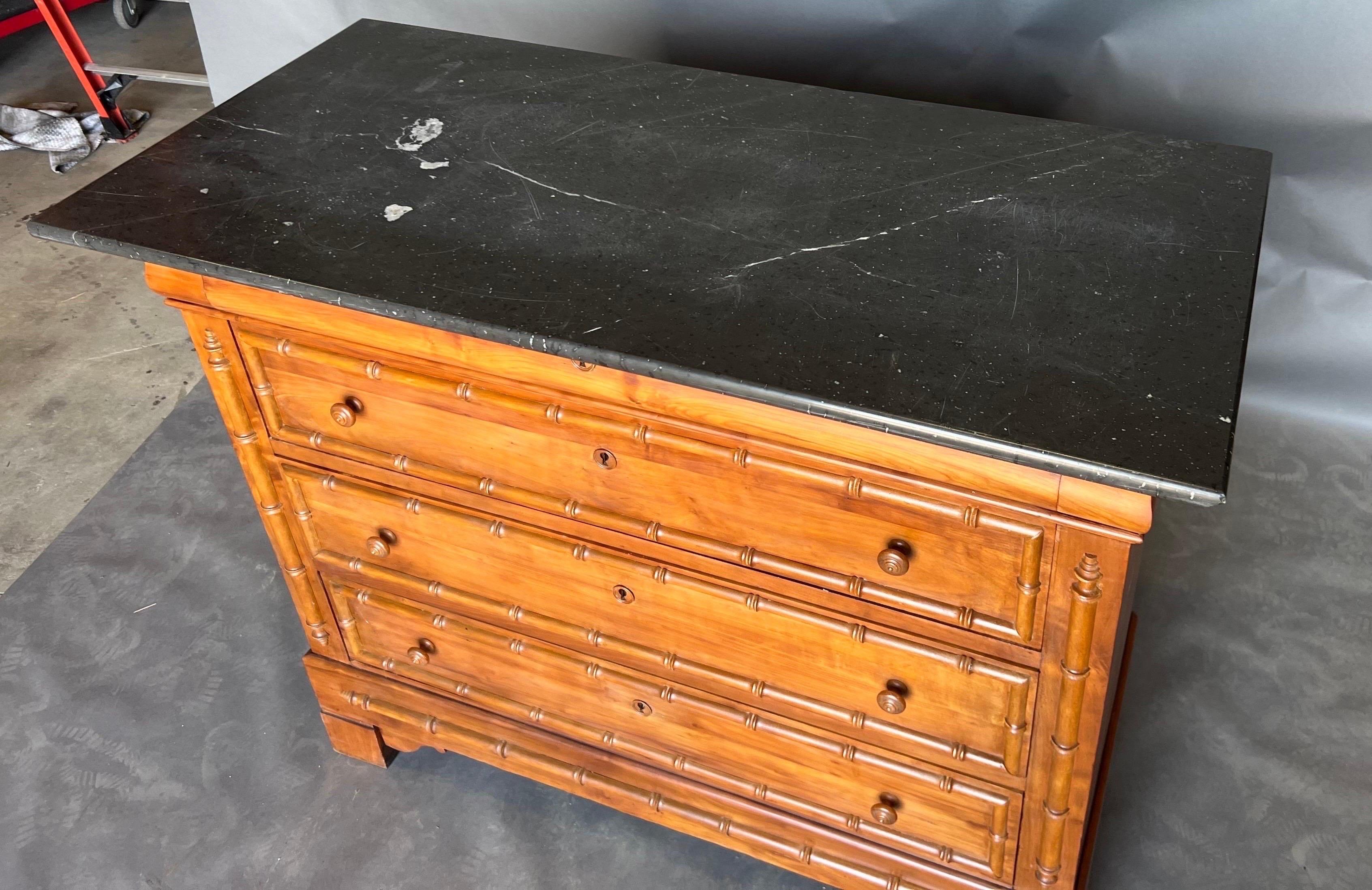 19th Century French Faux Bamboo Chest with Black Marble Top For Sale 3