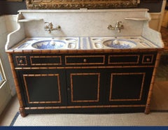 19th Century French Faux Bamboo Cupboard Sink with Marble and Ceramic, 1890s