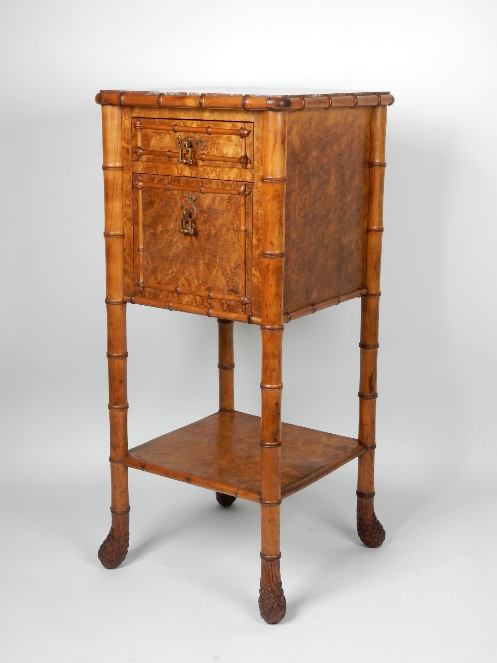 19th Century French, Faux Bamboo, Marble and Bird’s-Eye Maple Wash Stand Table For Sale 8