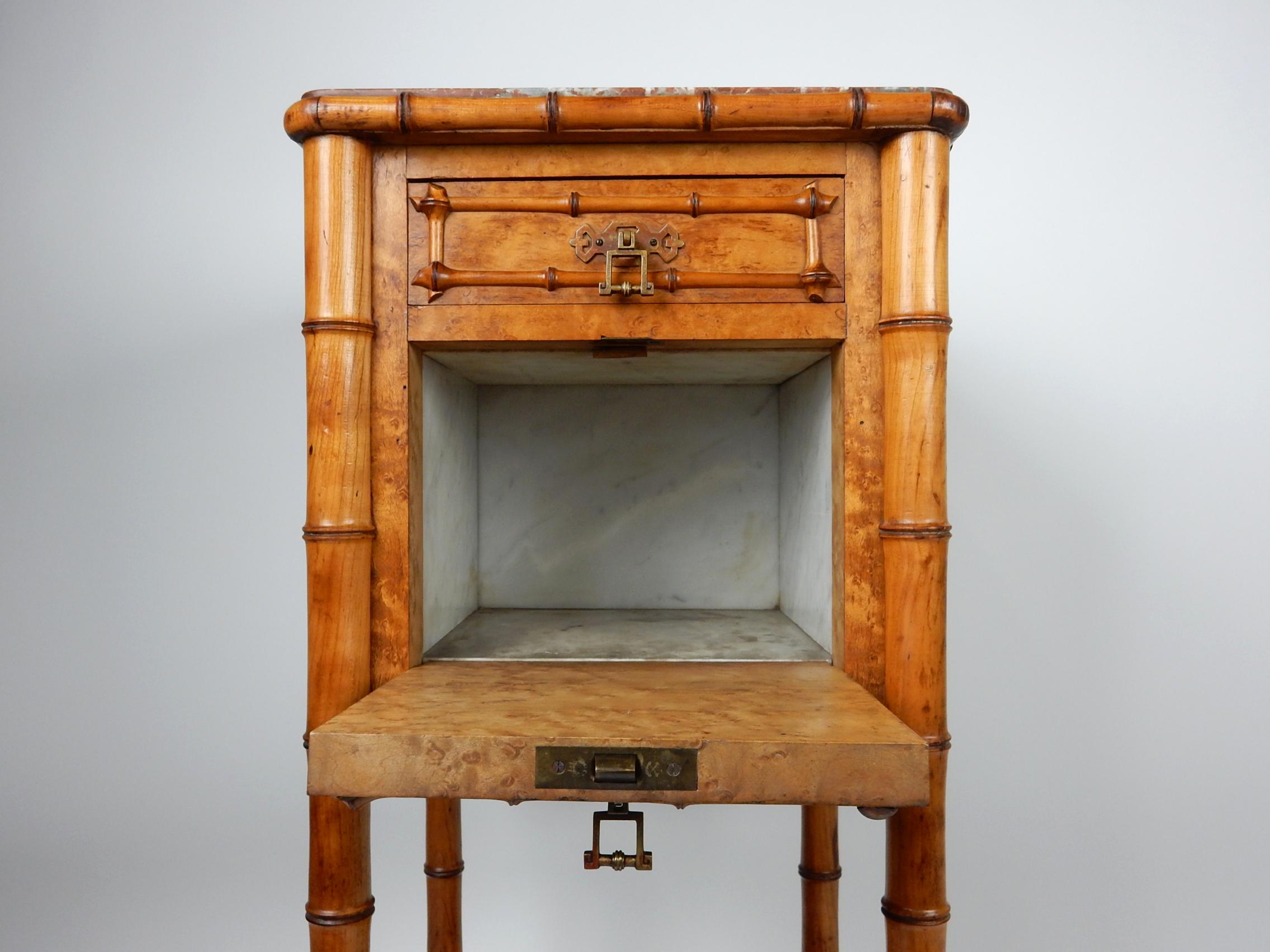 19th Century French, Faux Bamboo, Marble and Bird’s-Eye Maple Wash Stand Table For Sale 1