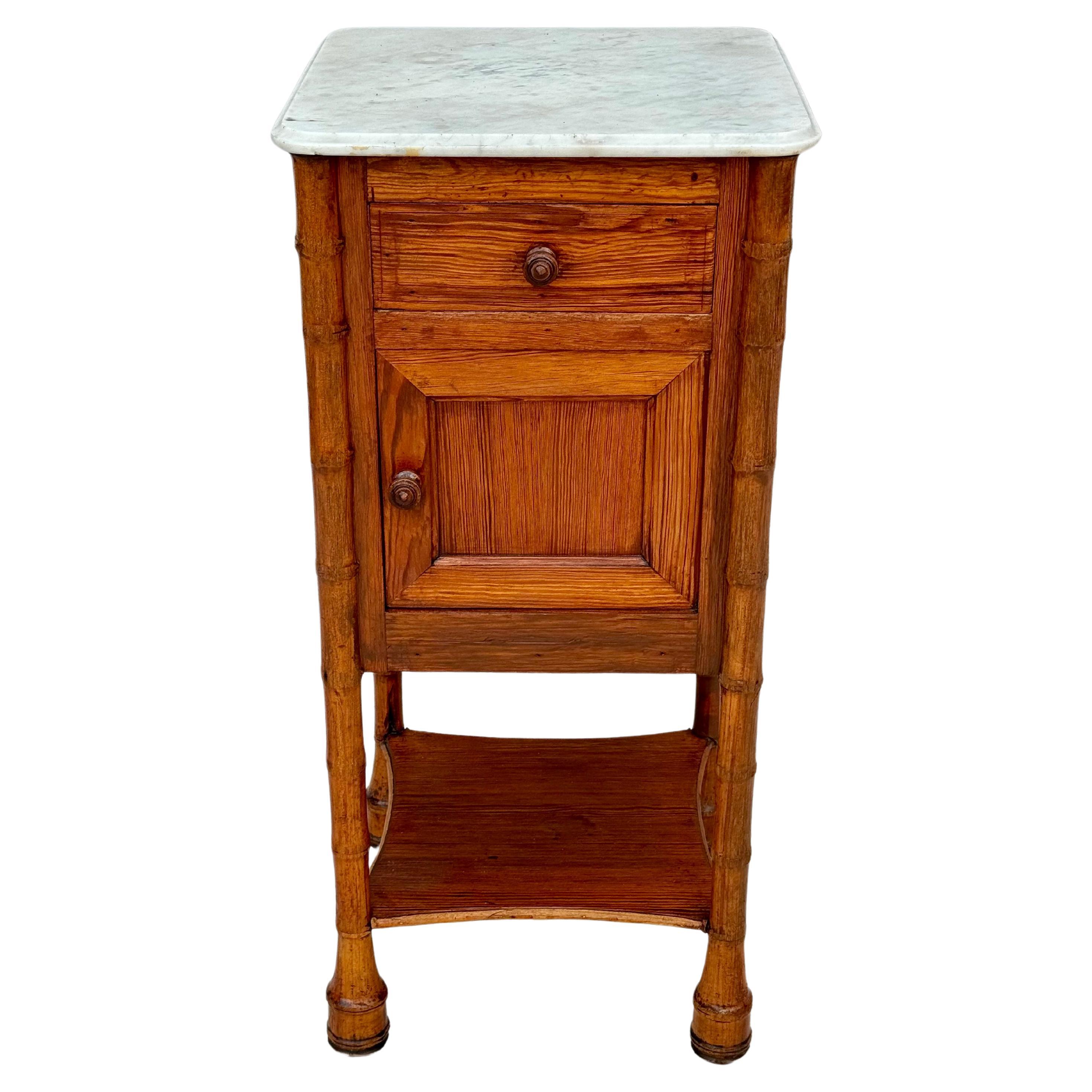 French Provincial 19th Century French Faux Bamboo Nightstand Side Table White Marble Top #5 For Sale