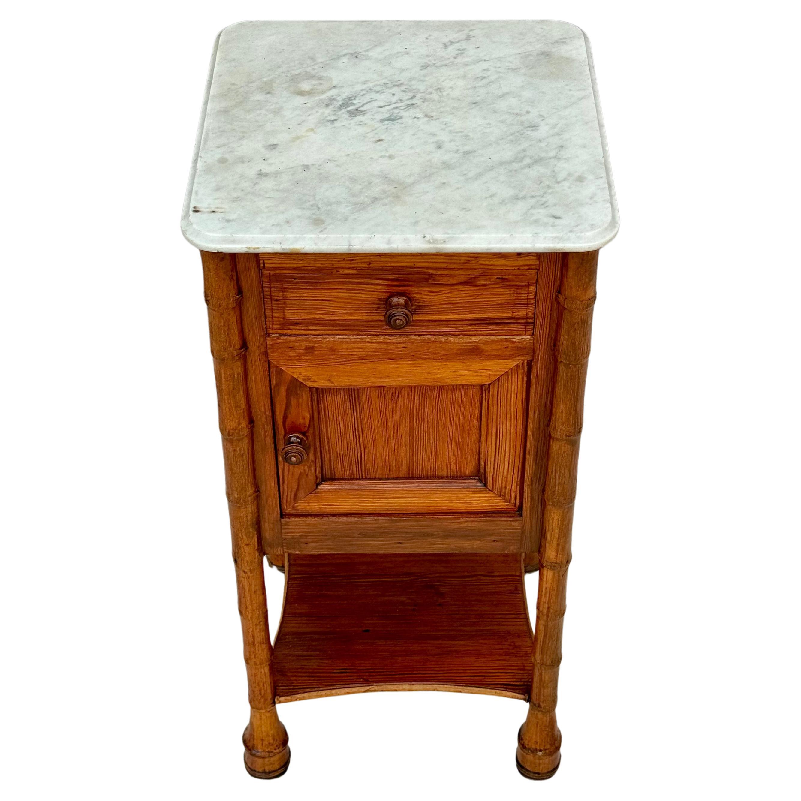 19th Century French Faux Bamboo Nightstand Side Table White Marble Top #5 In Good Condition For Sale In Bradenton, FL