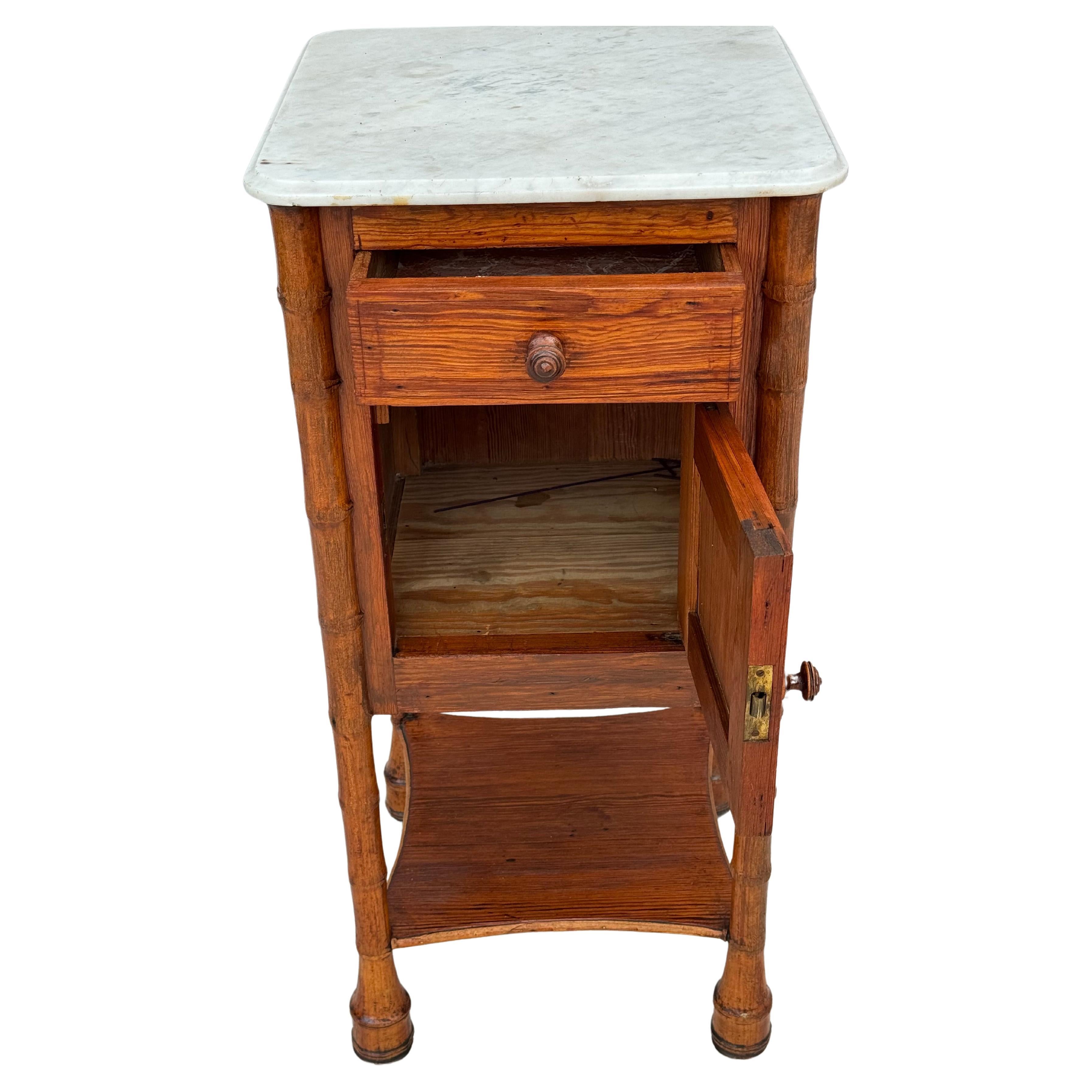 19th Century French Faux Bamboo Nightstand Side Table White Marble Top #5 For Sale 1