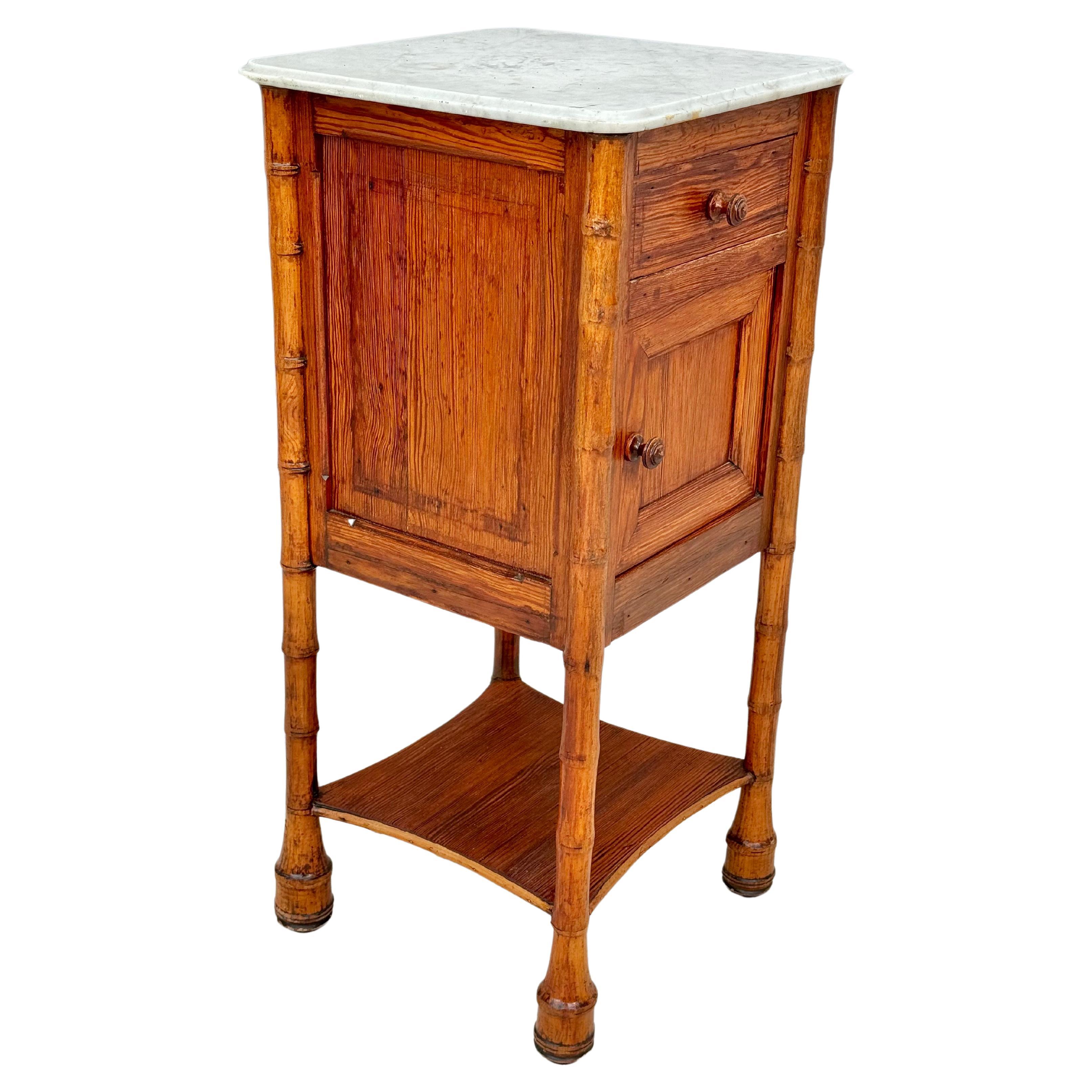 19th Century French Faux Bamboo Nightstand Side Table White Marble Top #5 For Sale 3