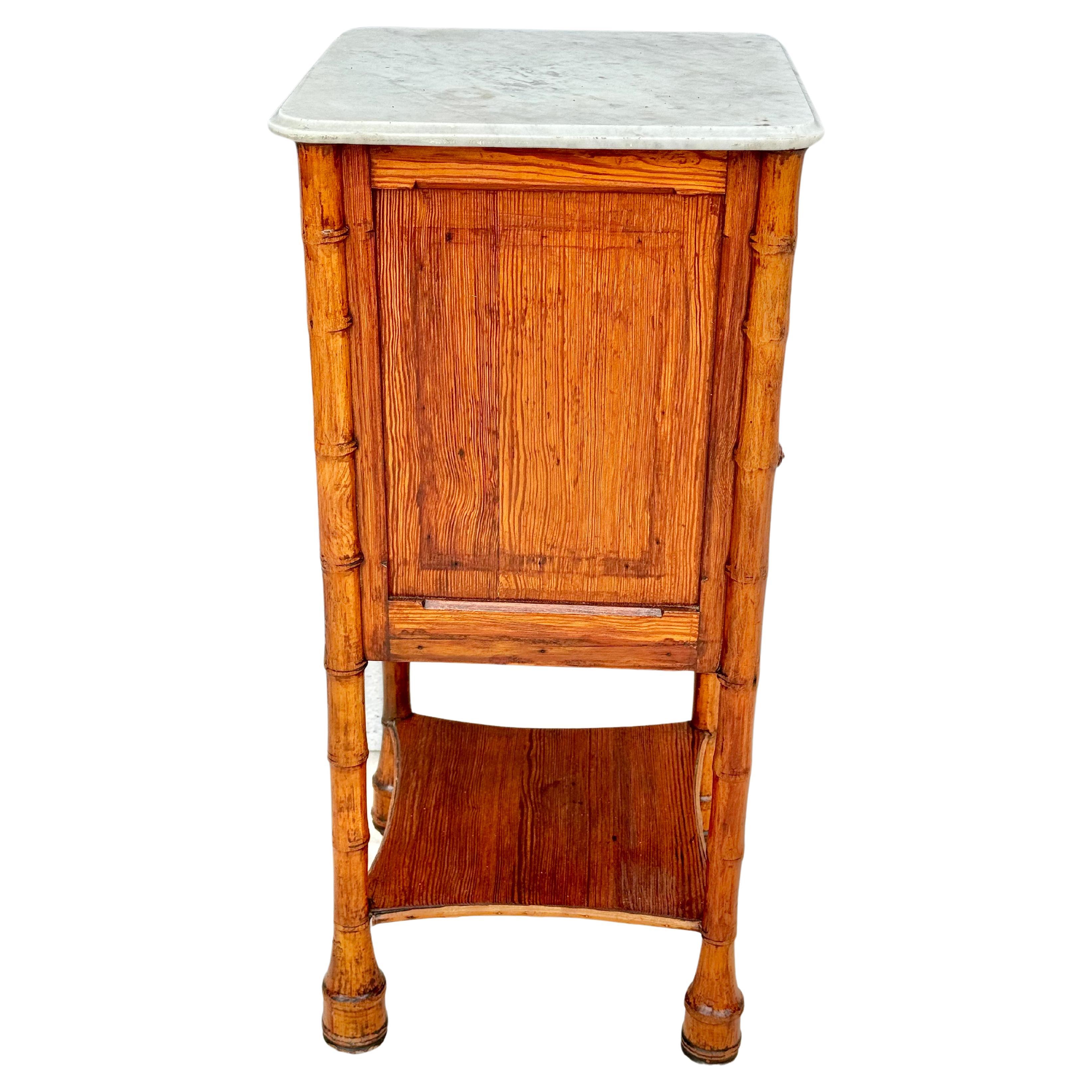 19th Century French Faux Bamboo Nightstand Side Table White Marble Top #5 For Sale 4