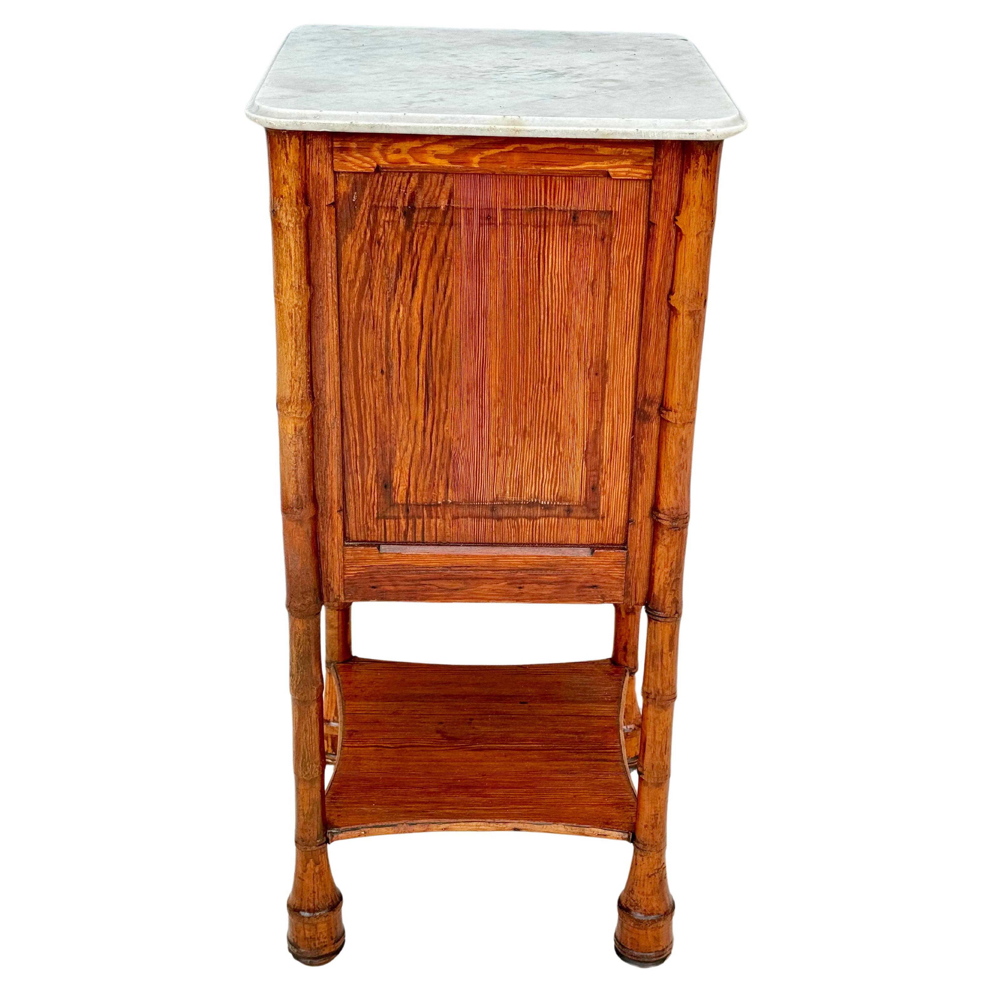 19th Century French Faux Bamboo Nightstand Side Table White Marble Top #5 For Sale 5