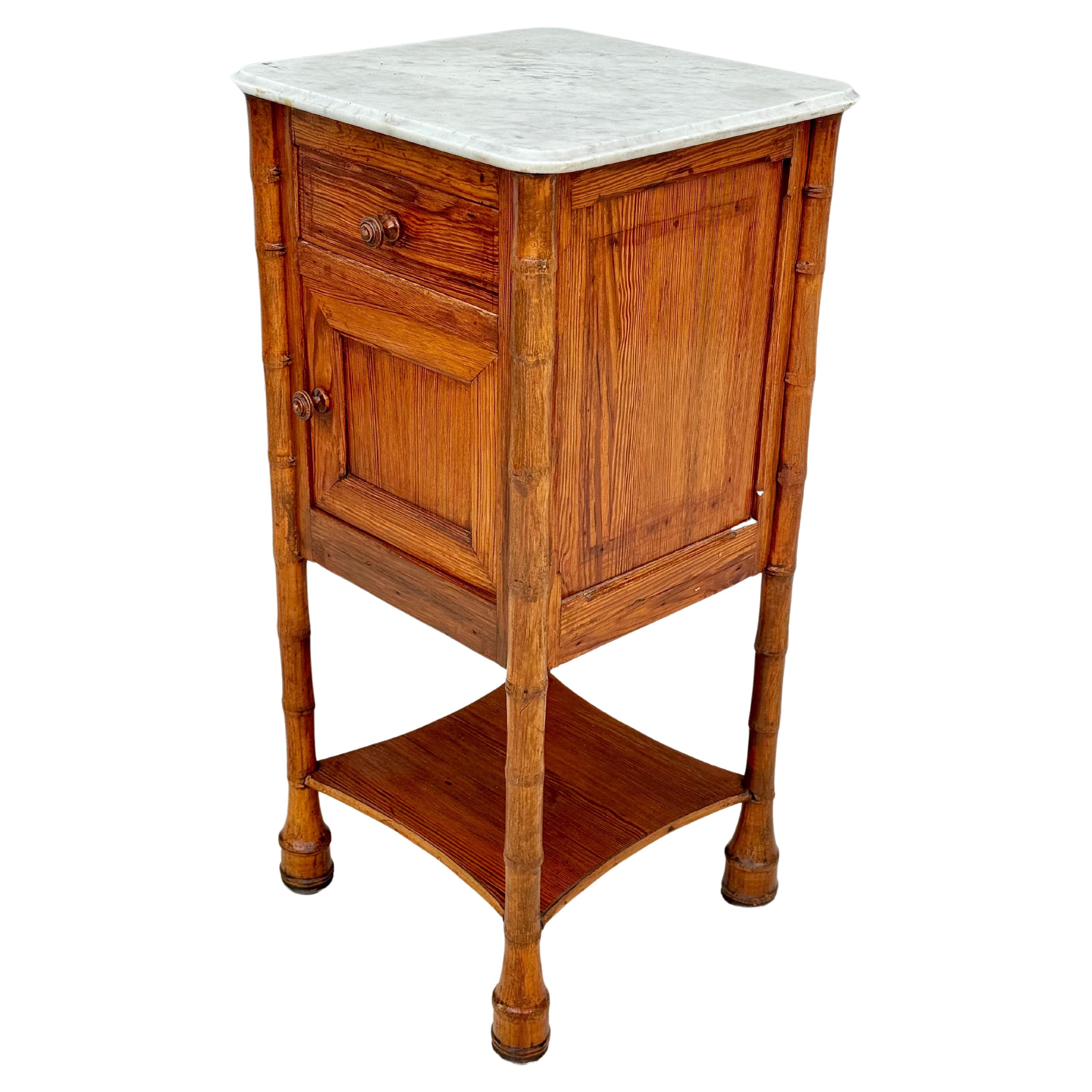 19th Century French Faux Bamboo Nightstand Side Table White Marble Top #5 For Sale