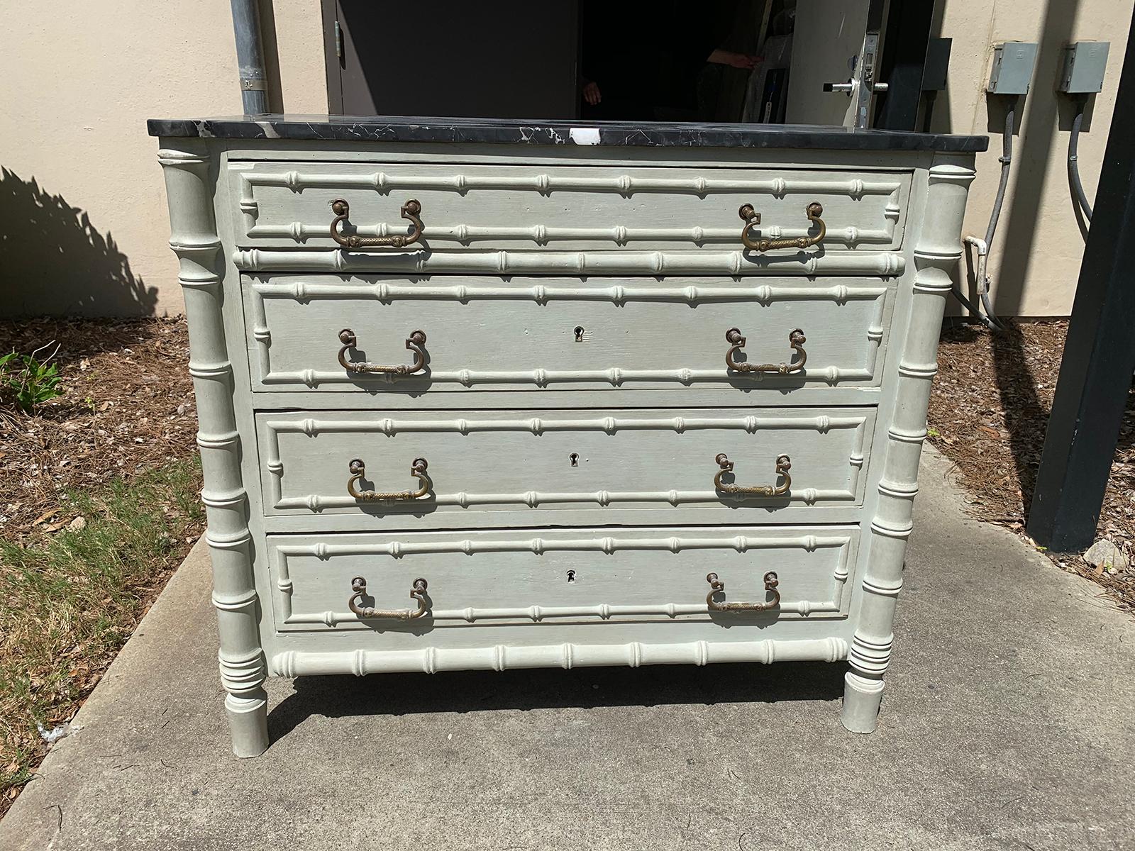 19th century French faux bamboo painted four-drawer chest with black honed marble top
custom finish
Would make a great bathroom sink/vanity.