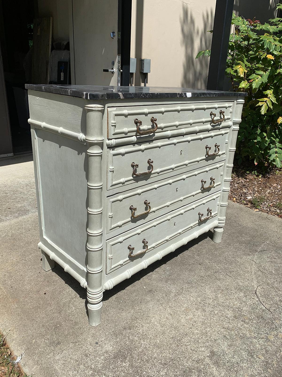 Hand-Painted 19th Century French Faux Bamboo Painted Four-Drawer Chest Black Honed Marble Top