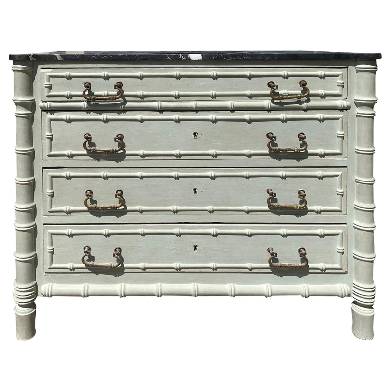 19th Century French Faux Bamboo Painted Four-Drawer Chest Black Honed Marble Top