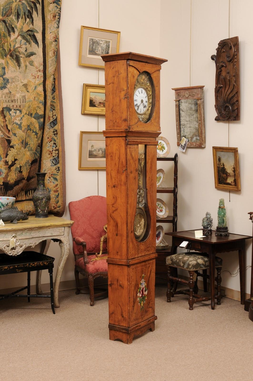 19th Century French Faux Bois Painted Tallcase Clock with Pressed Gilt Metal & Enamel Face, signed “A. Guillemont”