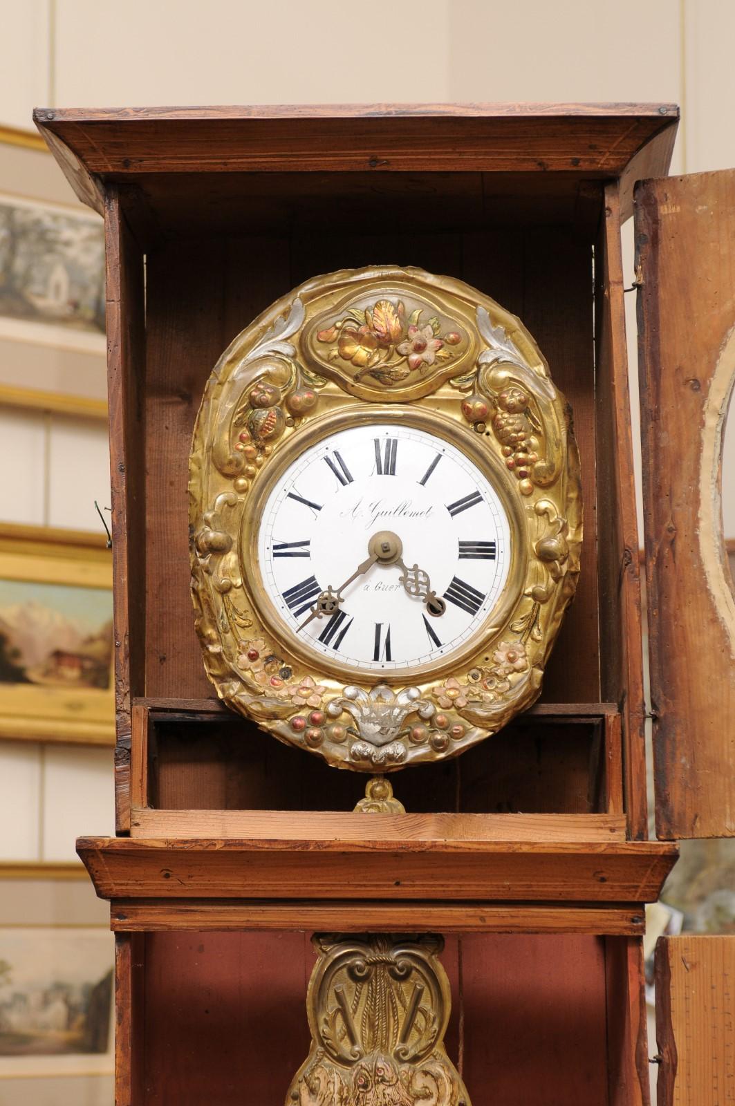 19th Century French Faux Bois Painted Tallcase Clock with Pressed Gilt Metal For Sale 1