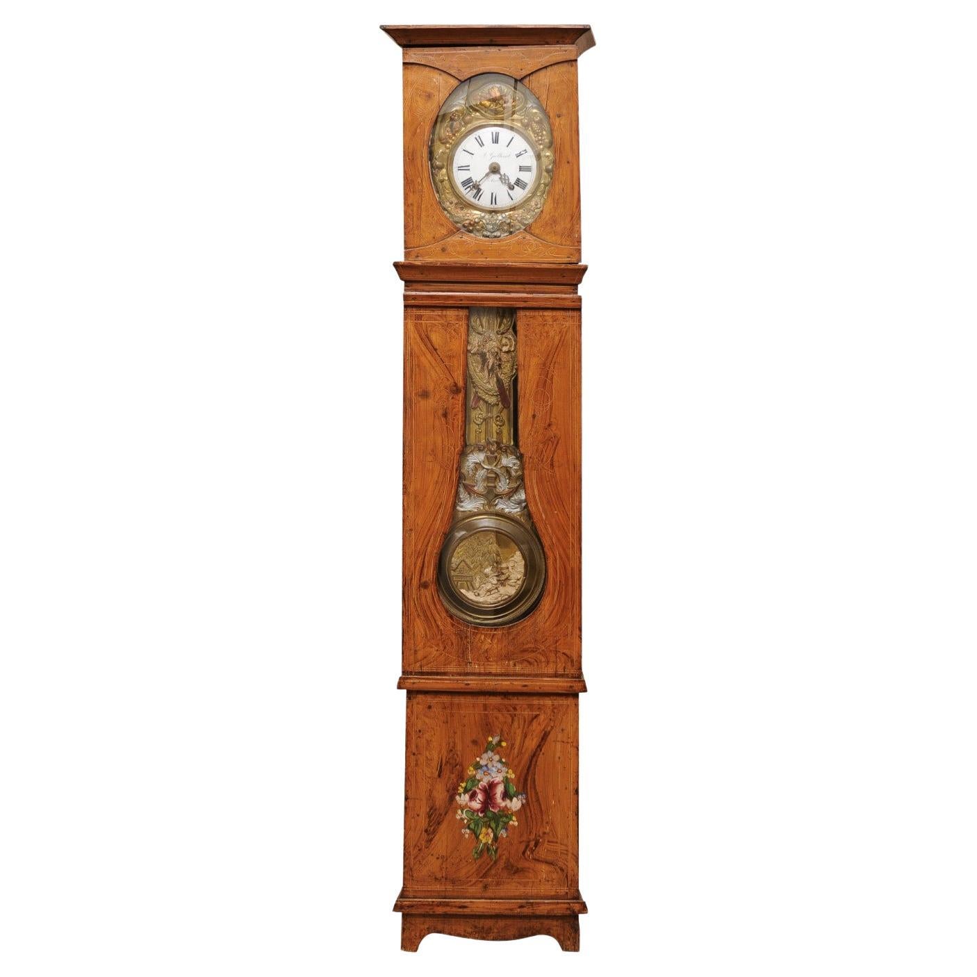 19th Century French Faux Bois Painted Tallcase Clock with Pressed Gilt Metal For Sale