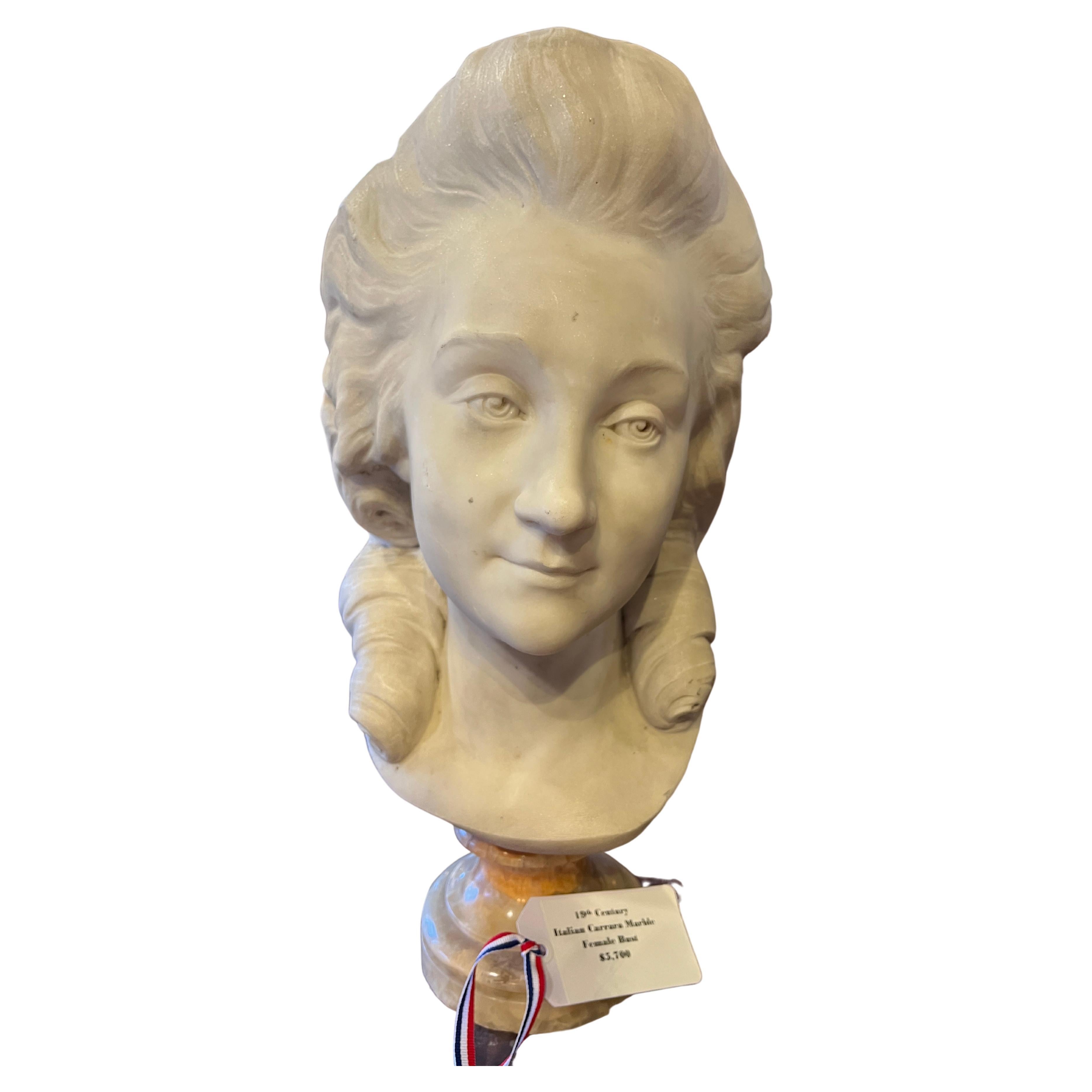 19th century French Female bust in Carrara Marble For Sale