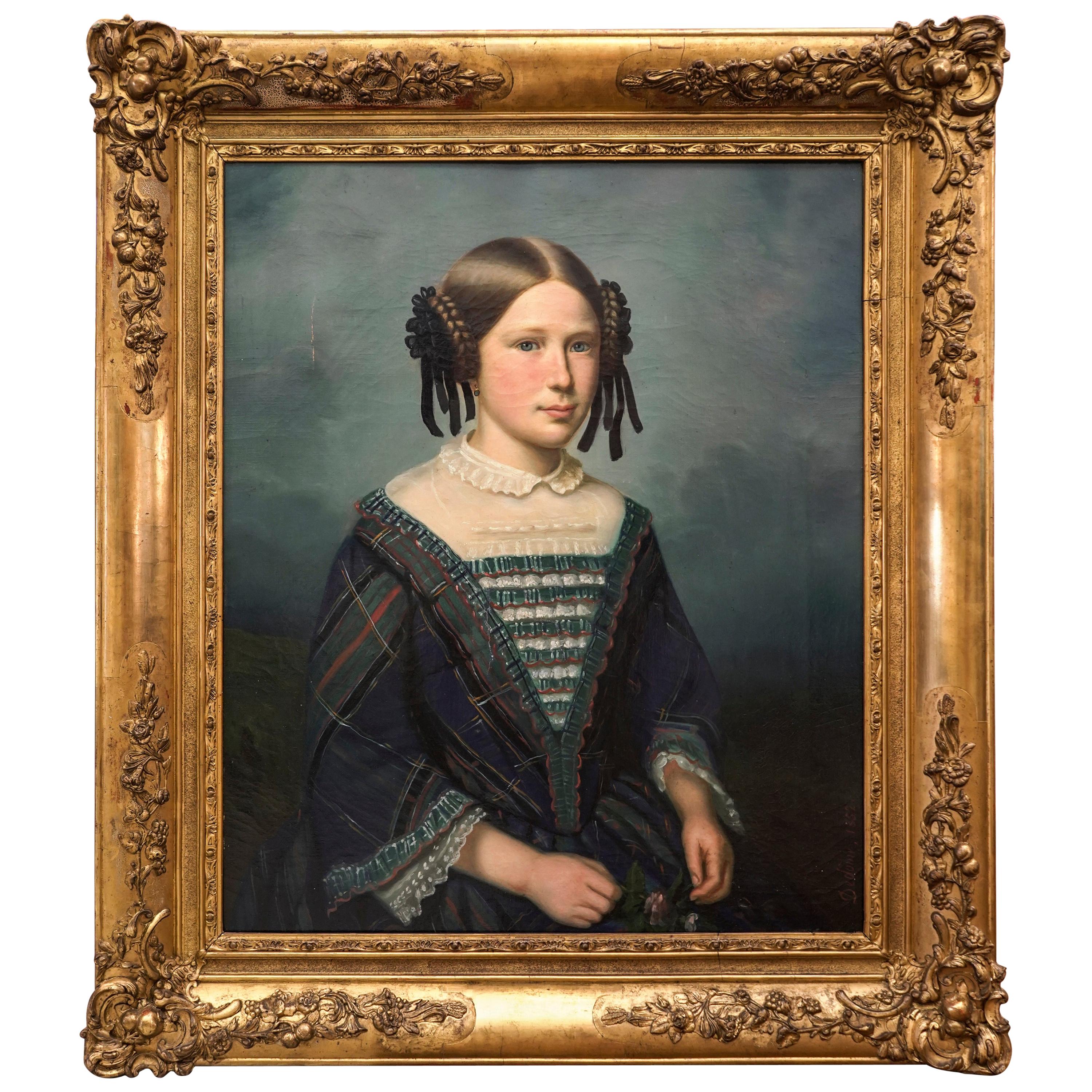 19th Century French Female Portrait Oil on Canvas, 1852, Dedôme