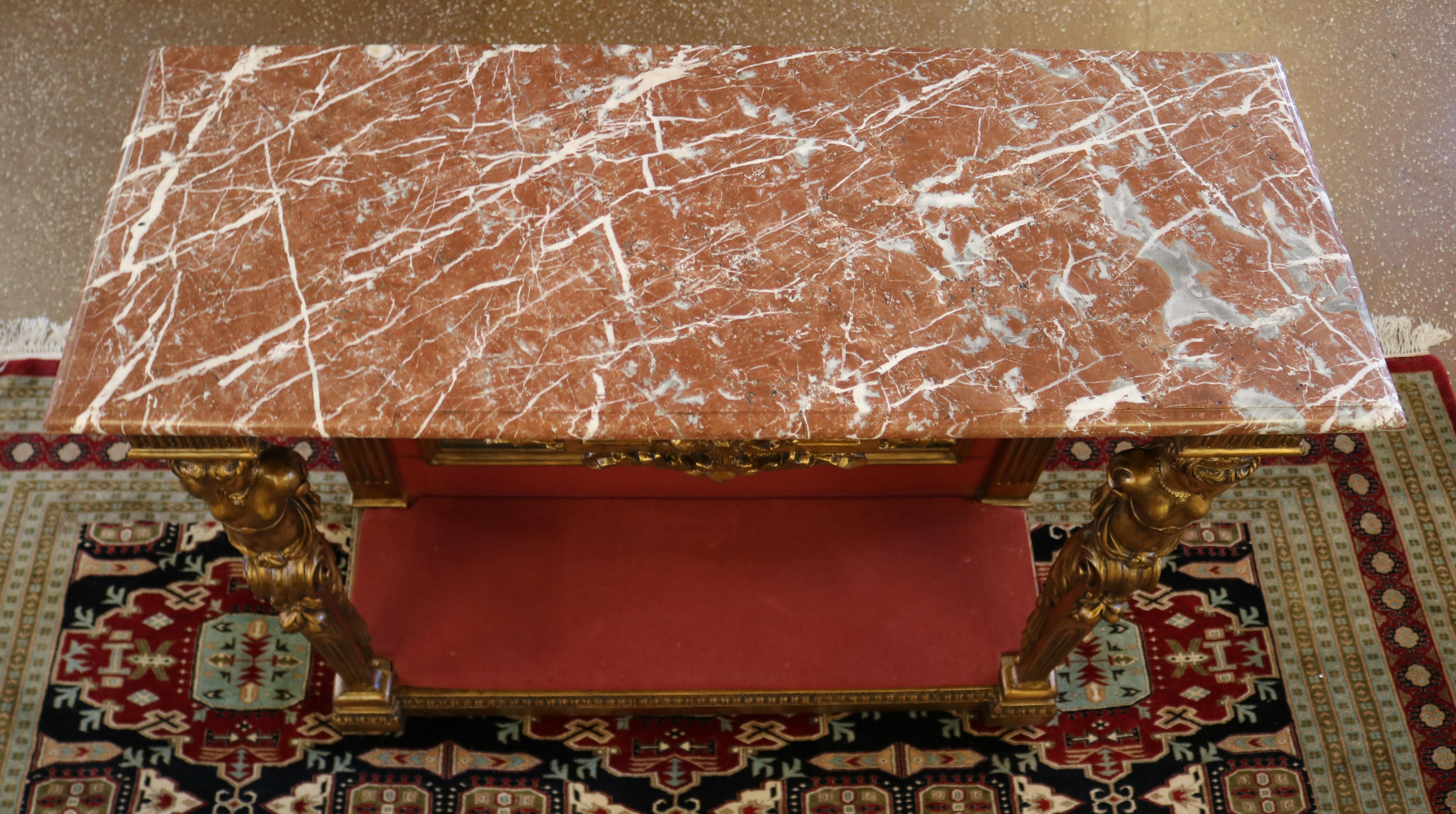 Table console figurative française du 19ème siècle avec plateau en marbre doré et miroir à l'arrière en vente 8