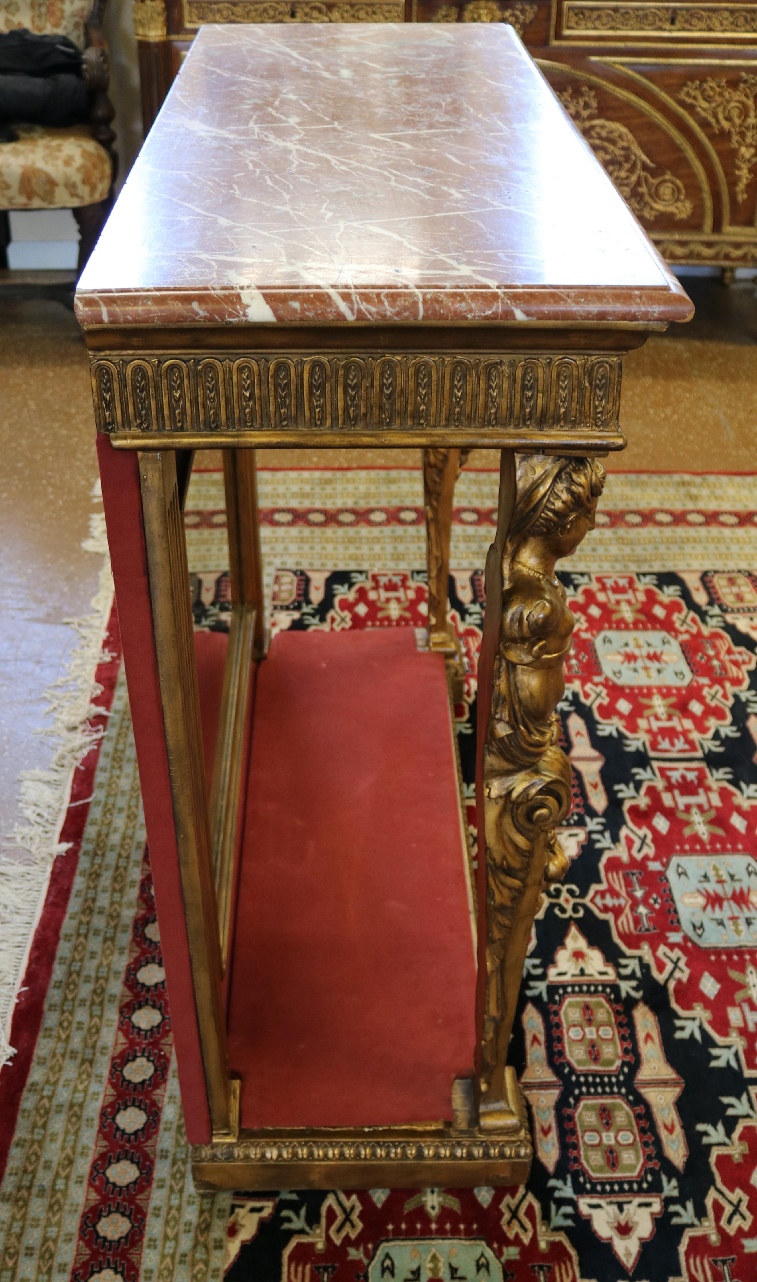 Table console figurative française du 19ème siècle avec plateau en marbre doré et miroir à l'arrière en vente 11
