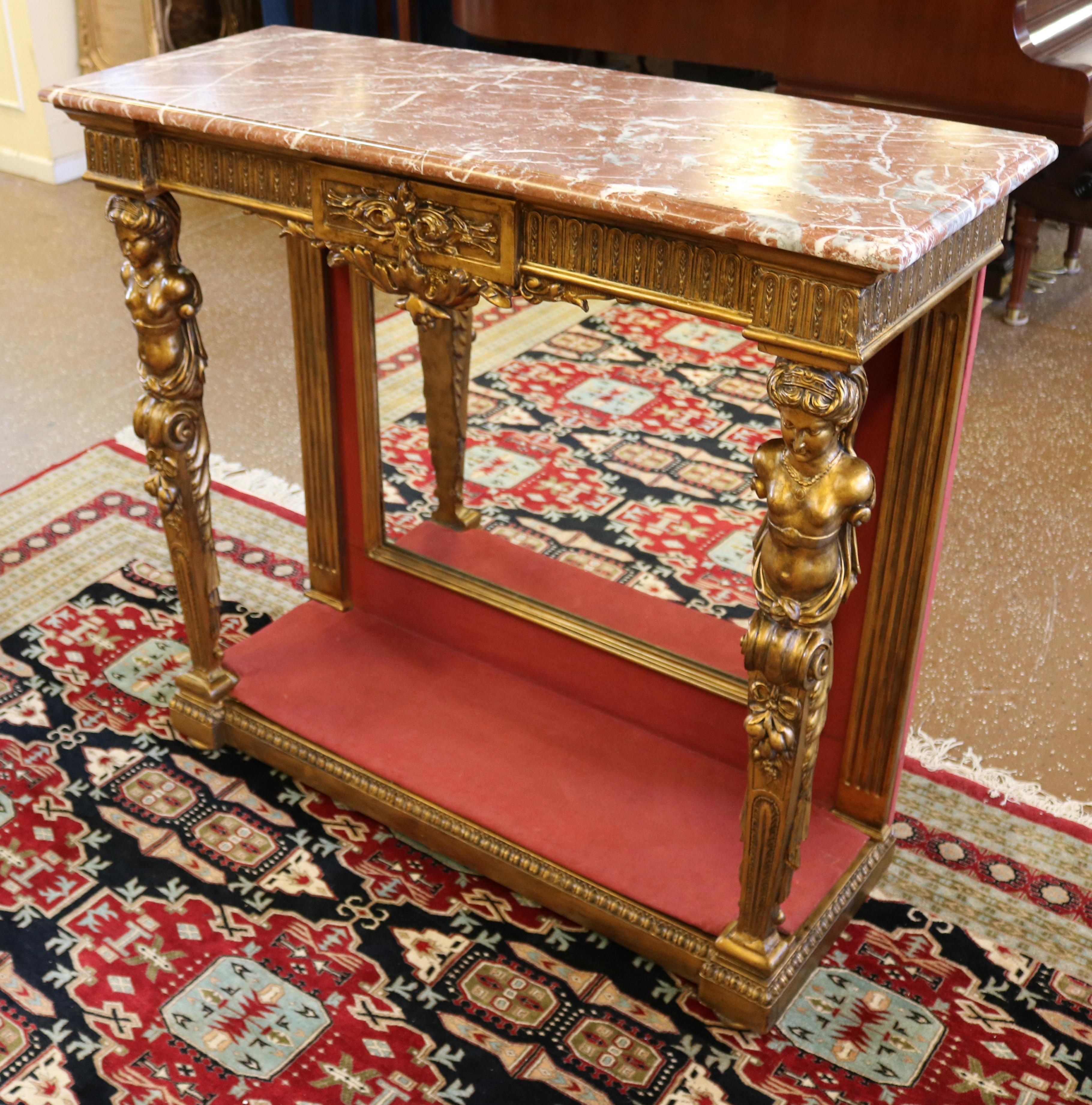 Baroque Table console figurative française du 19ème siècle avec plateau en marbre doré et miroir à l'arrière en vente