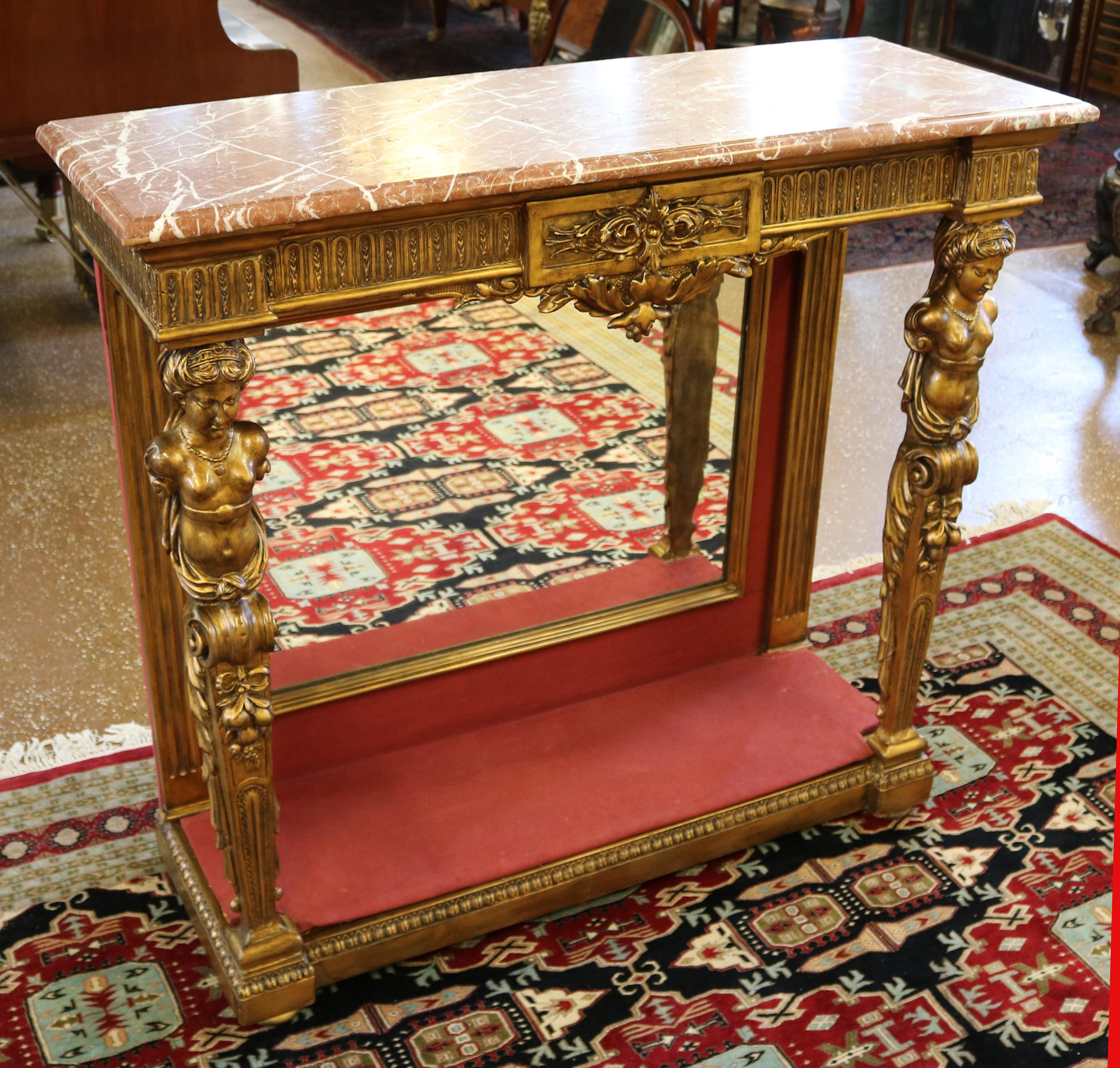 Français Table console figurative française du 19ème siècle avec plateau en marbre doré et miroir à l'arrière en vente