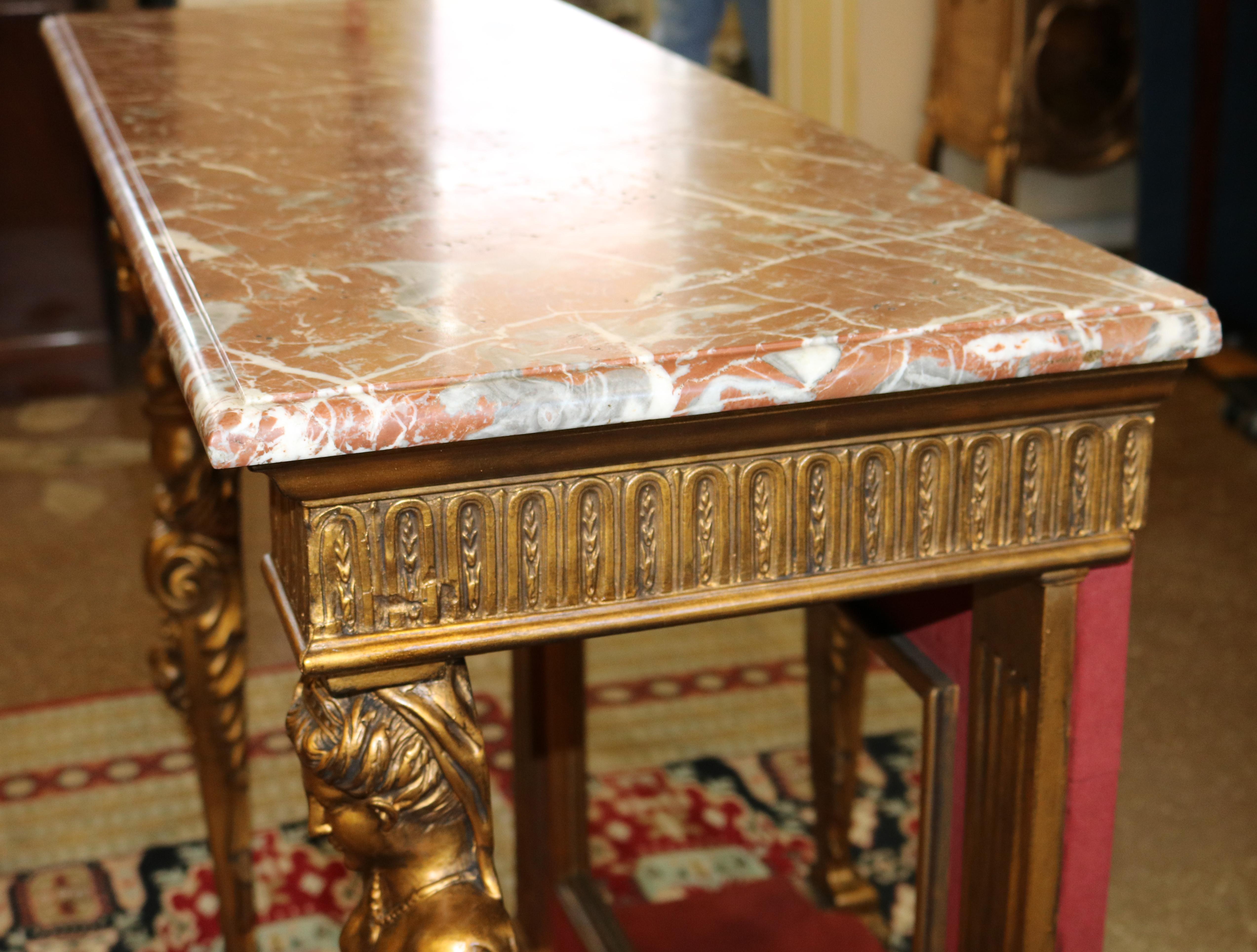 Late 19th Century 19th Century French Figural Gold Marble Top Mirror Back Console Table For Sale