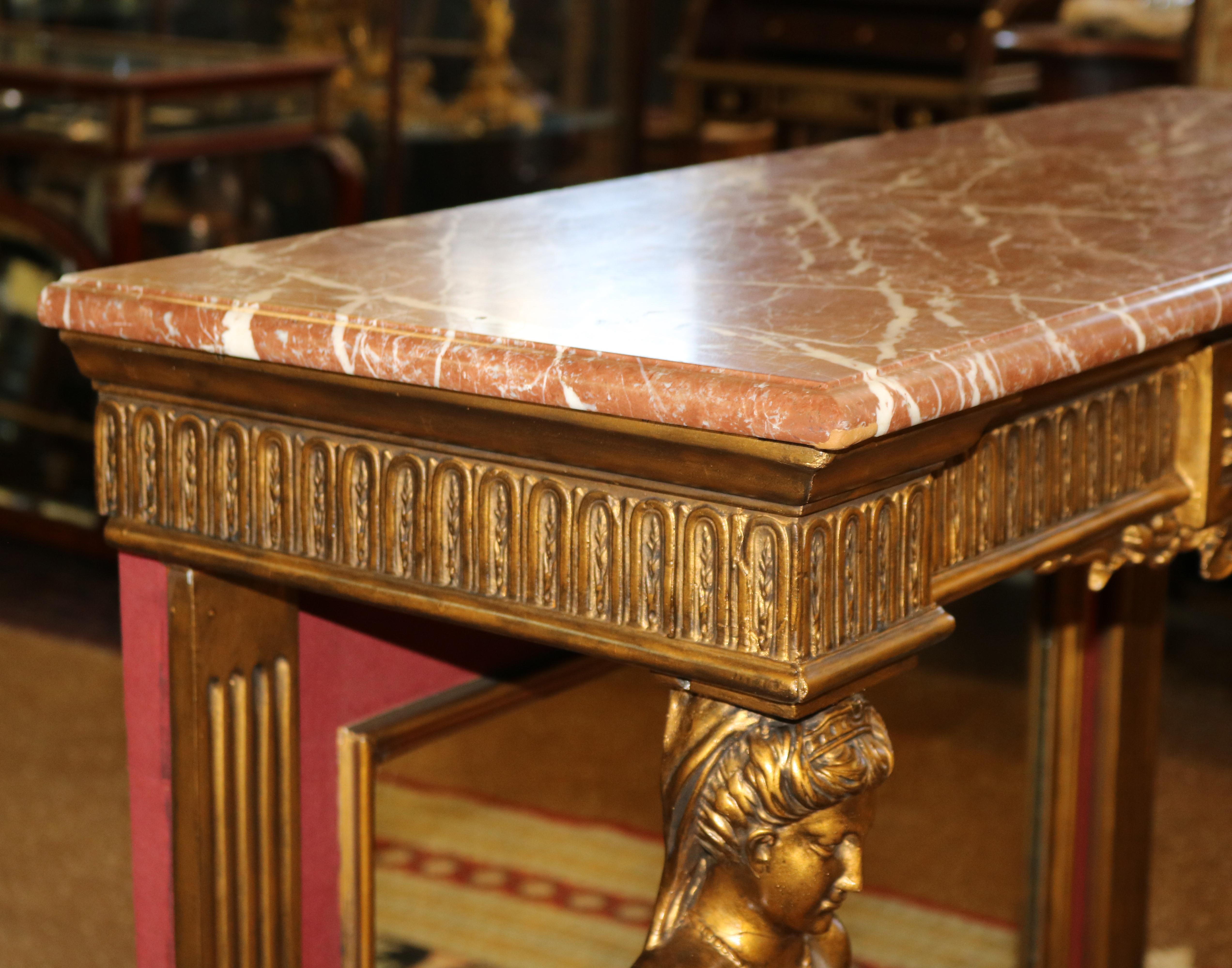 Table console figurative française du 19ème siècle avec plateau en marbre doré et miroir à l'arrière en vente 2