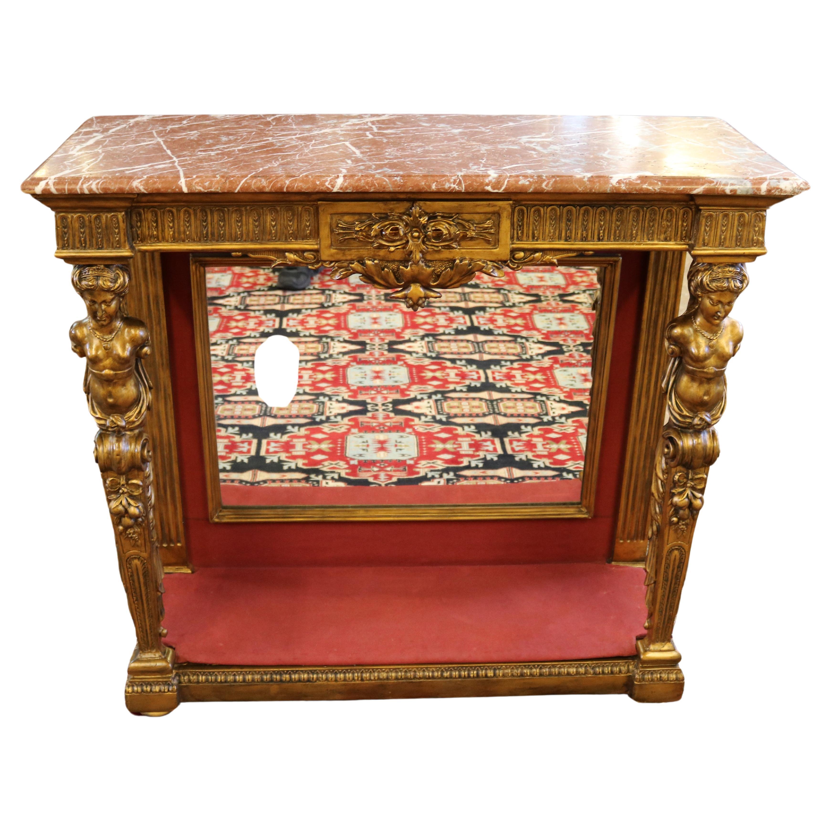 Table console figurative française du 19ème siècle avec plateau en marbre doré et miroir à l'arrière en vente