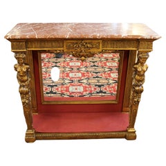 Table console figurative française du 19ème siècle avec plateau en marbre doré et miroir à l'arrière
